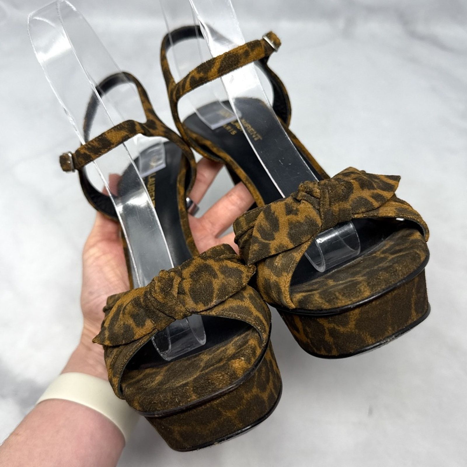 Saint Laurent Paris Saint Laurent Bianca Bow Leopard Suede Platform Sandal Heels Size US 9.5 / IT 39.5 - 5 Thumbnail