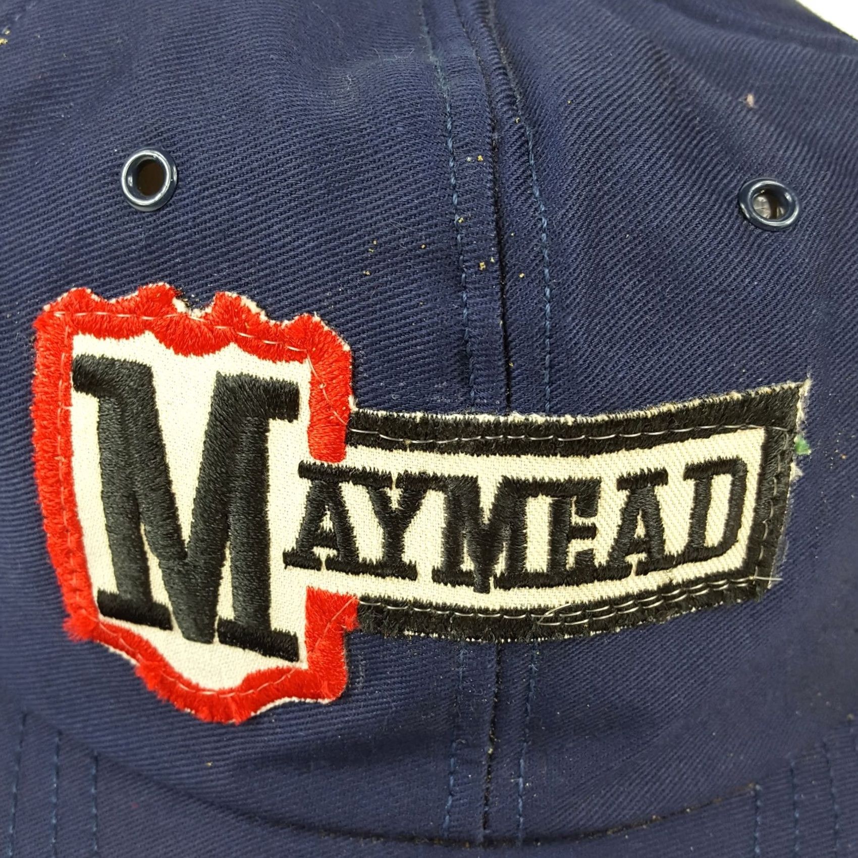Denime VINTAGE Maymead Farm Denim USA Made Trucker Hat Snapback Retro Cap Patch Hat Adjustable Blue 80s Farming Work Mens Size ONE SIZE - 3 Thumbnail