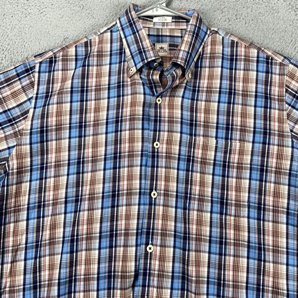 Peter Millar Peter Millar Shirt Mens Large Blue Brown Plaid Button-Down Casual Long Sleeve Regular Fit Mens Wool Cotton Button-Up Shirt Size US L / EU 52-54 / 3 - 2 Thumbnail