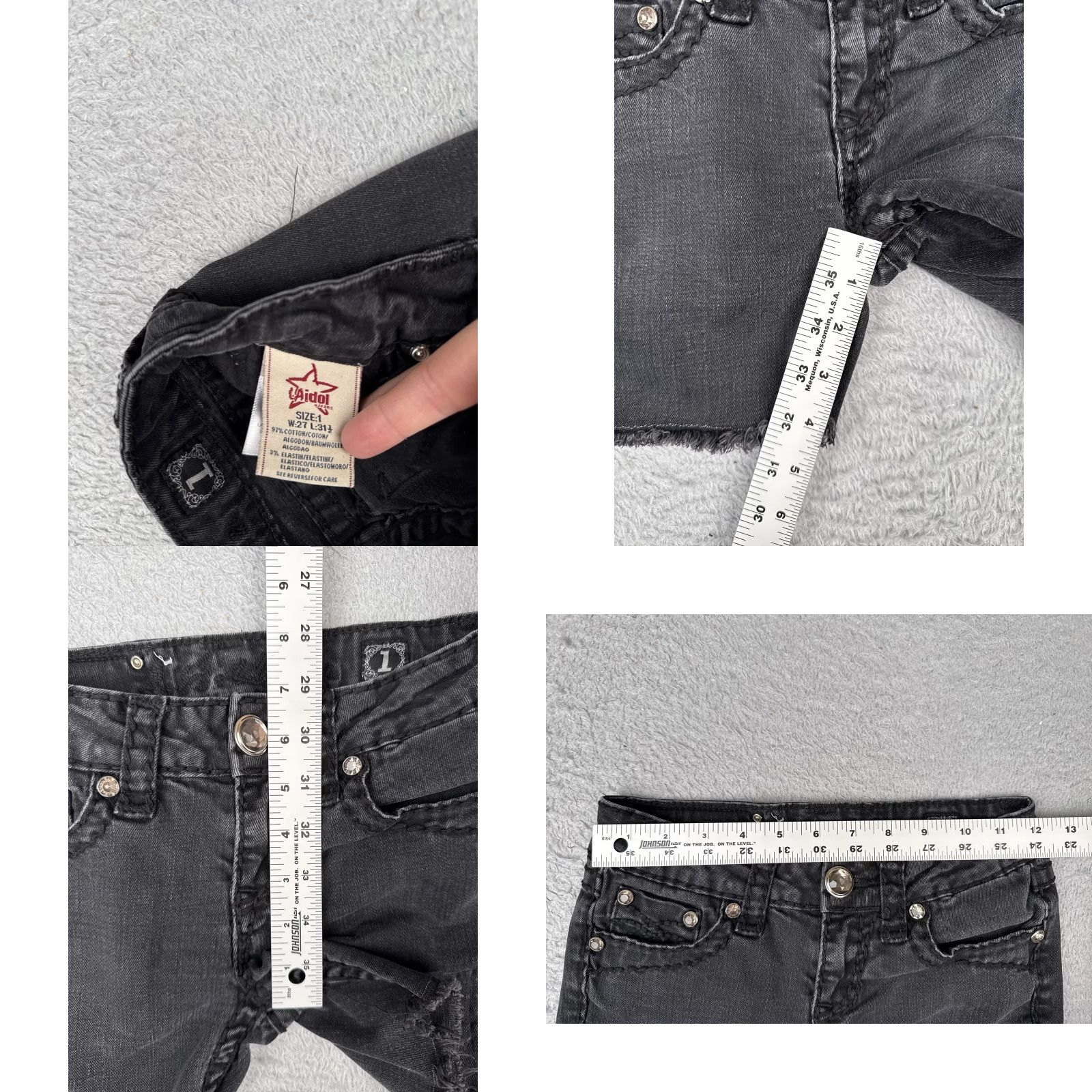 Denime LA Idol Jeans Shorts Juniors 1 Black Denim Cut-Off Frayed Hem Rhinestone 24x4.5 Size 25" / US 0 / IT 36 - 8 Thumbnail