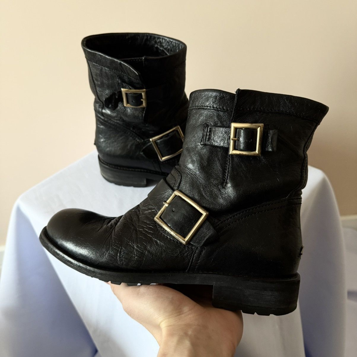 Jimmy Choo Jimmy Choo Black Leather Buckle Biker Moto Boots Frye Style Size US 8 / IT 38 - 7 Thumbnail