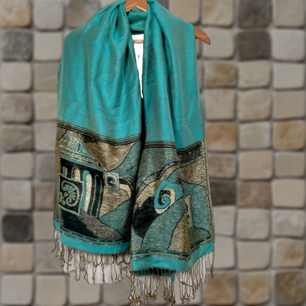 Vintage VINTAGE Cashmere Scarf Woven Turquoise Blue Black Metallic Gold Artsy Boho Wrap Fringe Unisex 75.5x27 Inches Size ONE SIZE - 1 Thumbnail