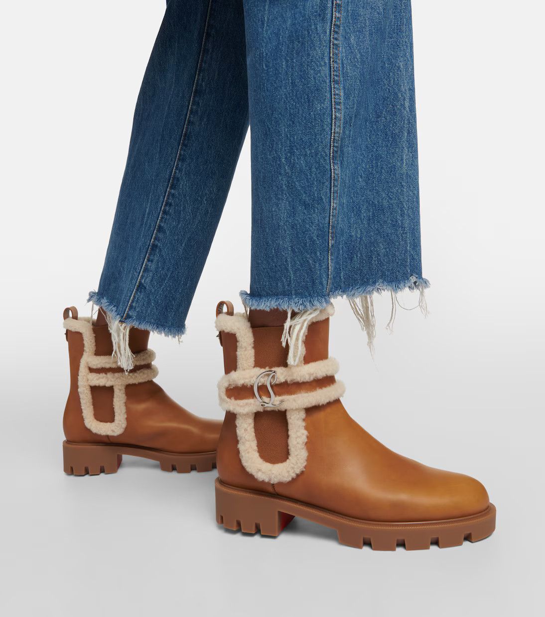 Christian Louboutin o1s1wg110125 Chelsea Shearling Trimmed Ankle Boots in Brown Size US 10 / IT 40 - 4 Thumbnail