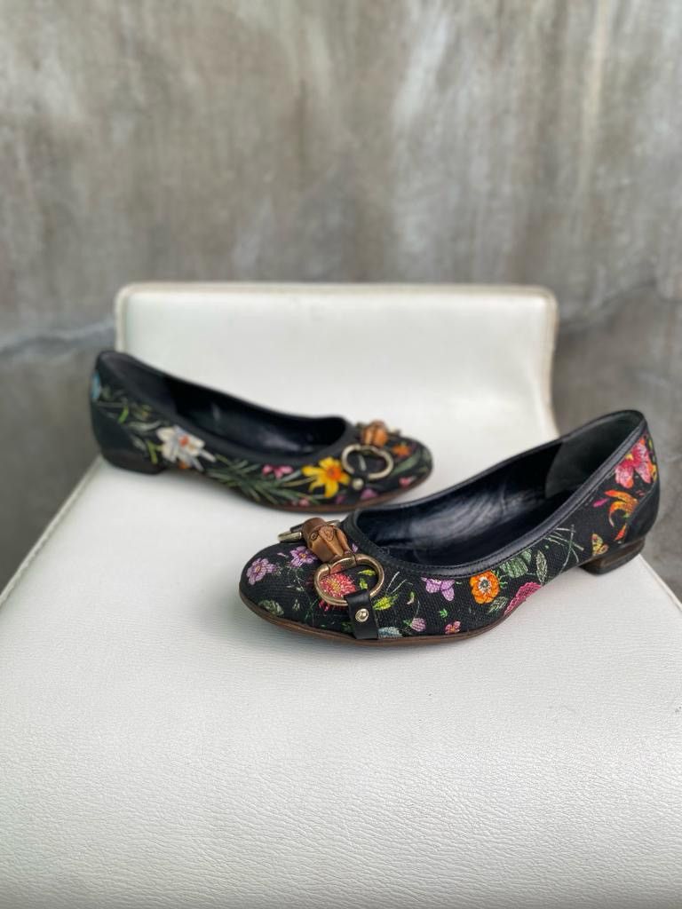 Gucci Black Flora Bamboo Ballet Heeled Flats Size US 5 / IT 35 - 4 Thumbnail