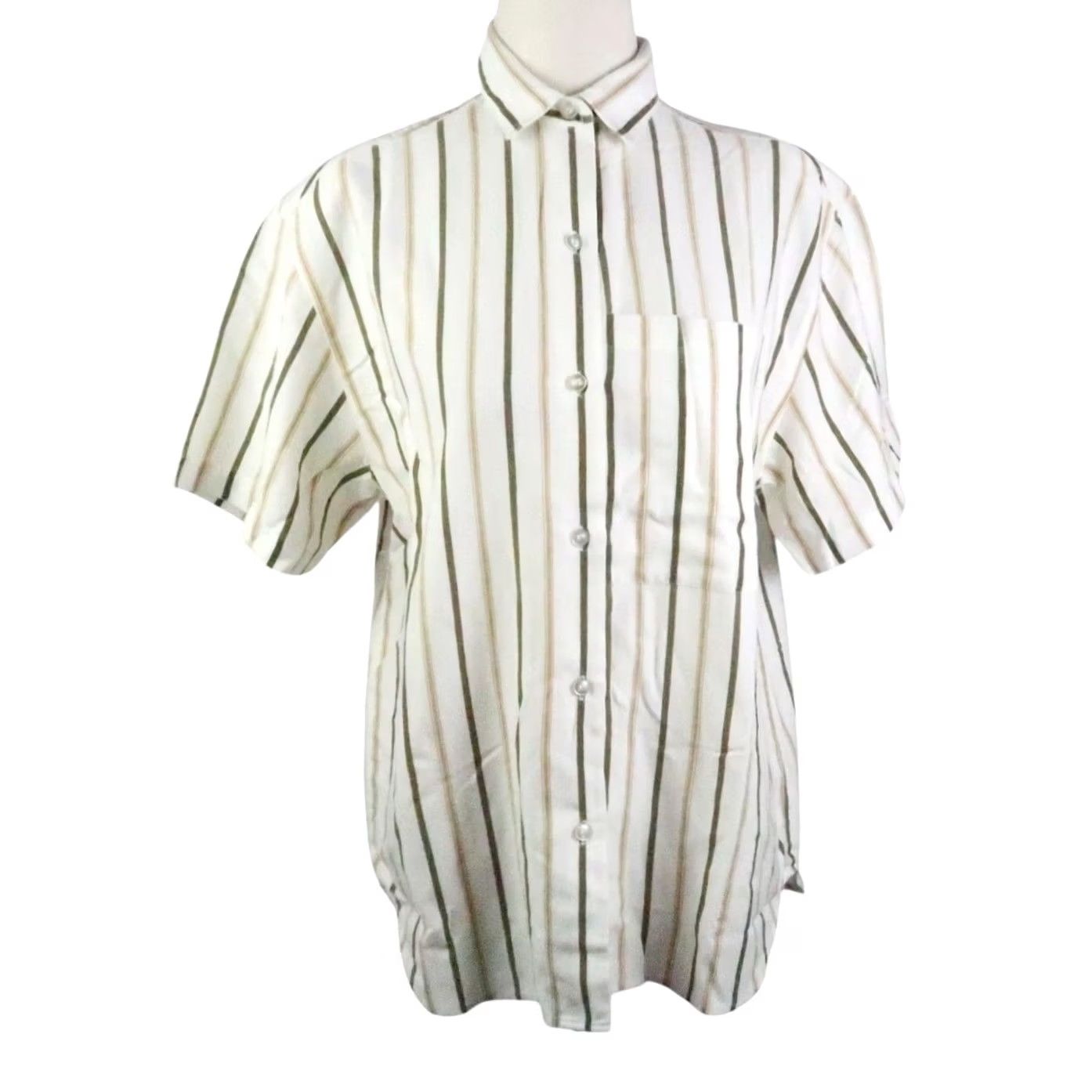 Levi's VINTAGE Levi's Cream Tan Green Stripe Short Sleeve Button-Down Top Shirt Womens Medium 70s 70s Cotton Collared Size M / US 6-8 / IT 42-44 - 2 Thumbnail
