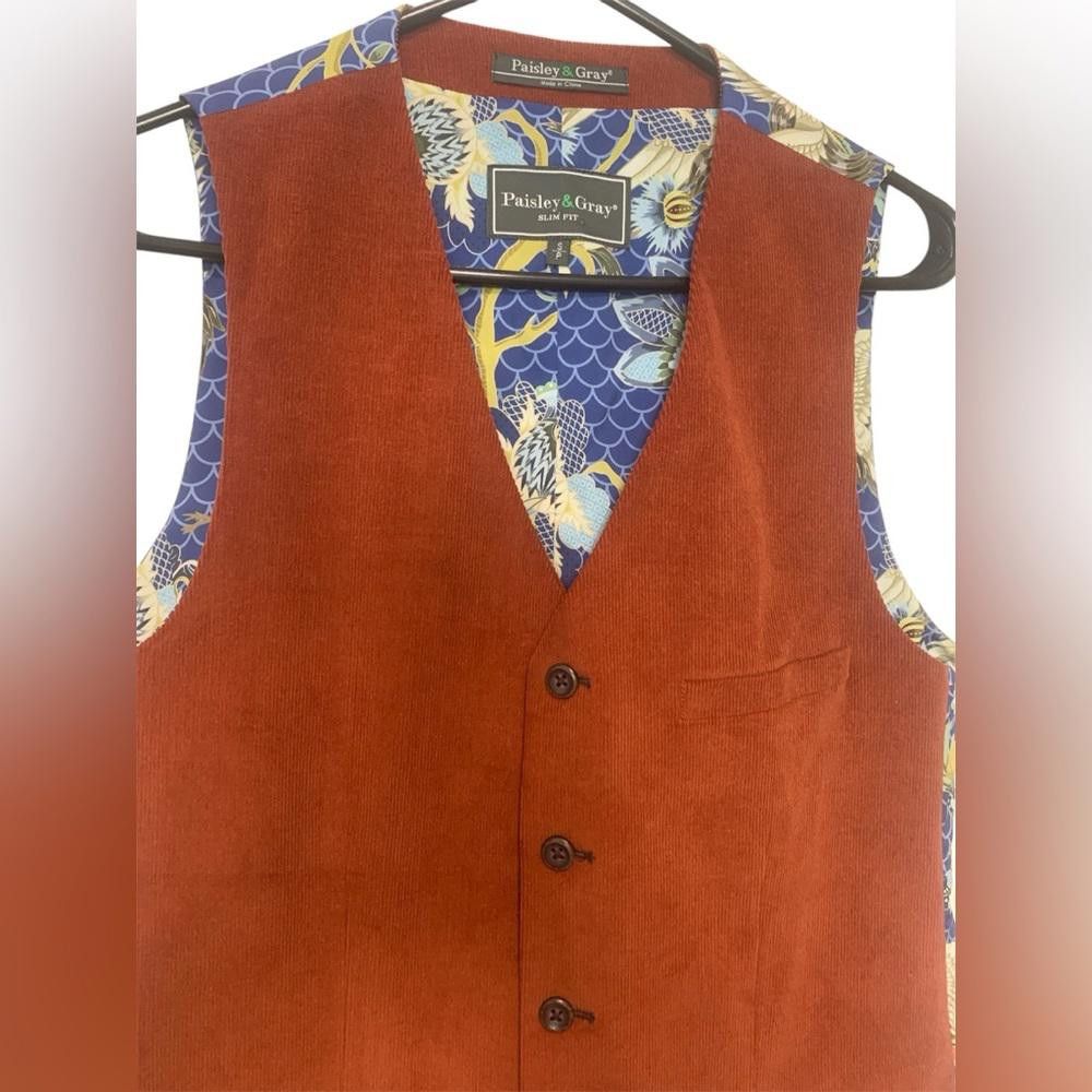Designer PAISLEY & GRAY Slim Fit Orange Corduroy Vest Formal Small Size 36R - 3 Thumbnail