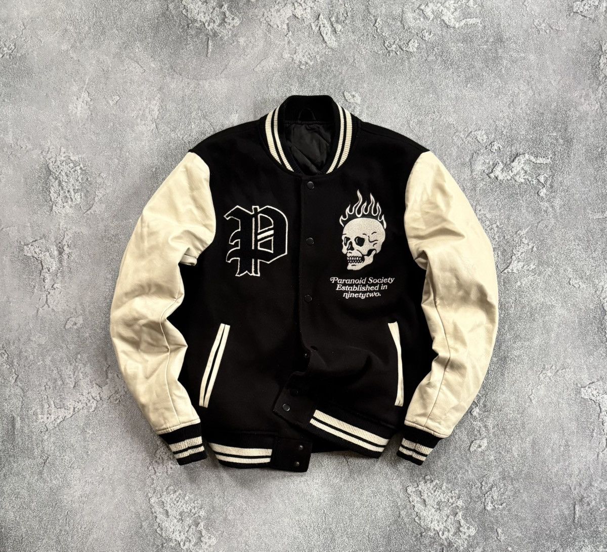 Paranoid Society M fire skull 💀 varsity bomber jacket y2k
