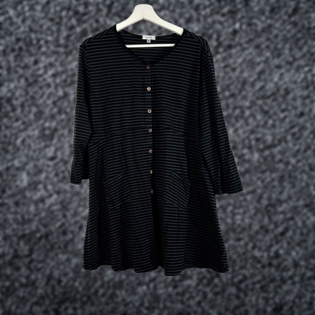 Vintage Heartstring Womens Button Front Gray Striped 3/4 Sleeve Tunic Top XL Pockets Size XL / US 12-14 / IT 48-50 - 1 Thumbnail