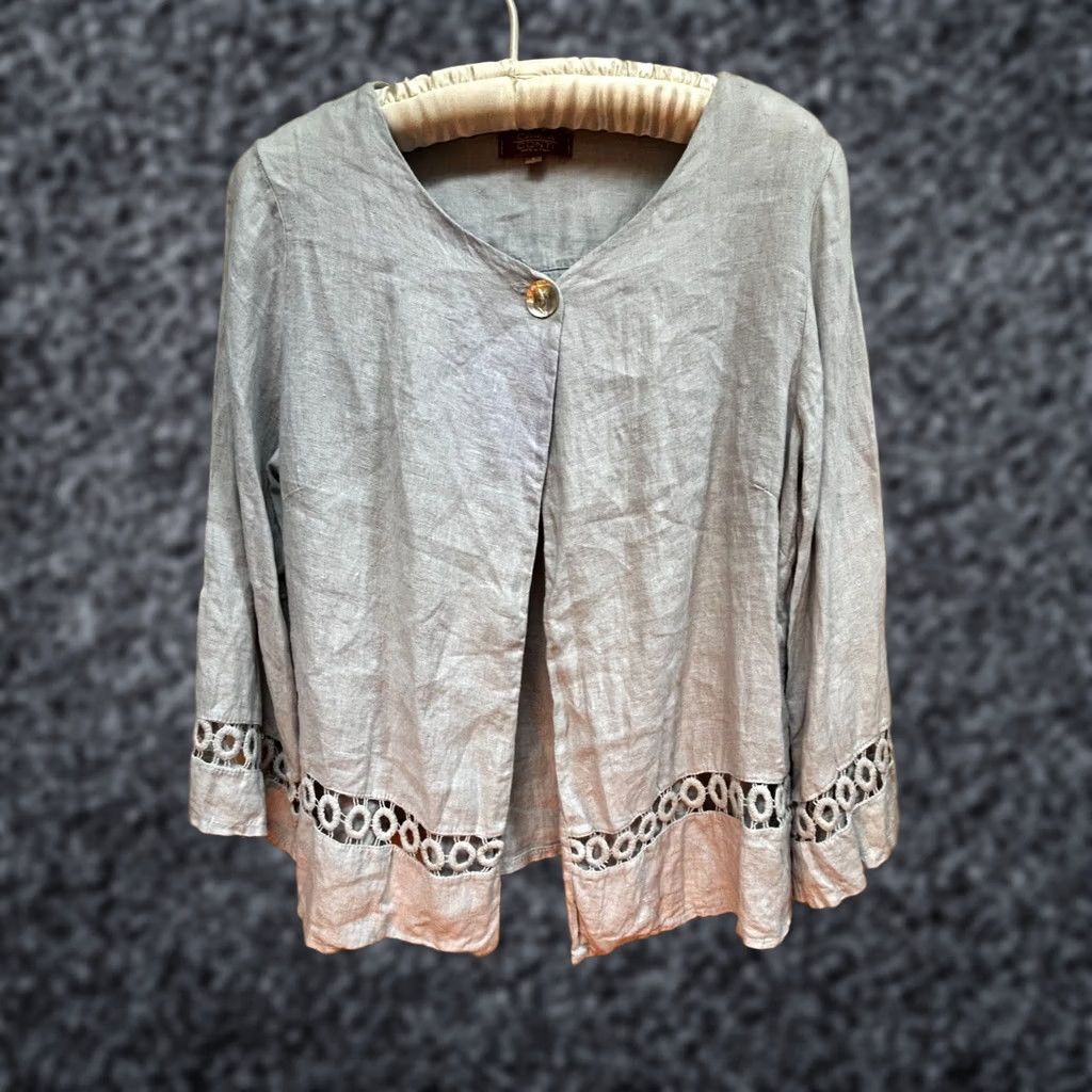 Vintage Carla Conti Cardigan Blouse Women's Large Pearl Gray Linen Lace Open Front Top Size L / US 10 / IT 46 - 1 Thumbnail