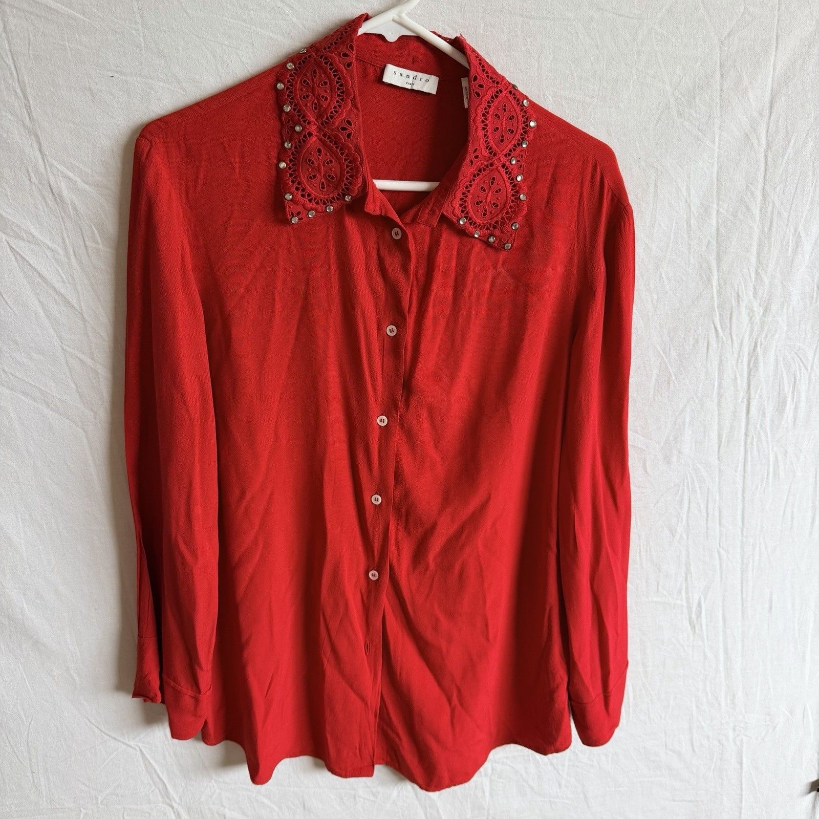 Sandro Sandro Paris Red Embellished Collar Blouse Sz 2 100% Viscose Size M / US 6-8 / IT 42-44 - 2 Thumbnail
