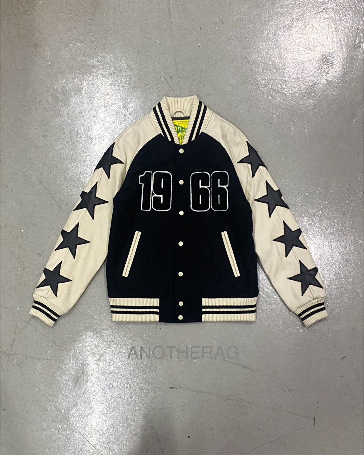 image of Leather Jacket x Varsity Jacket 1966 Fuku Stadium Varsity Jacket in Black/Cream, Men's (Size Medium