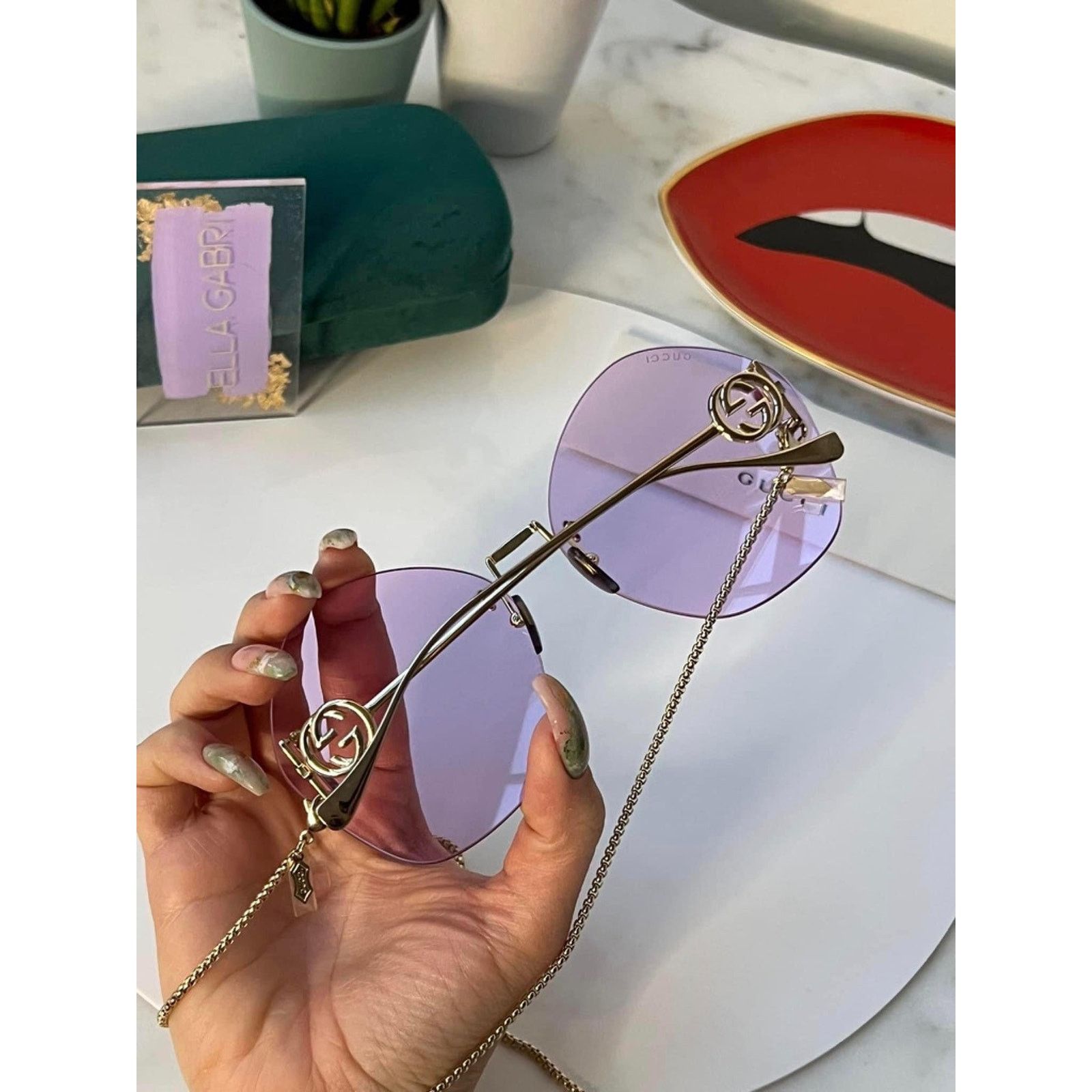 NEW Gucci GG1203S Tinted Violet Chain Rimless Sunglasses display picture 2