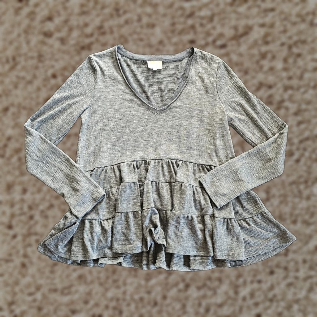 Anthropologie Deletta Anthropologie Top Shirt Womens XS Green Waffle Knit Ruffle Long Sleeve Blouse Size XS / US 0-2 / IT 36-38 - 1 Thumbnail