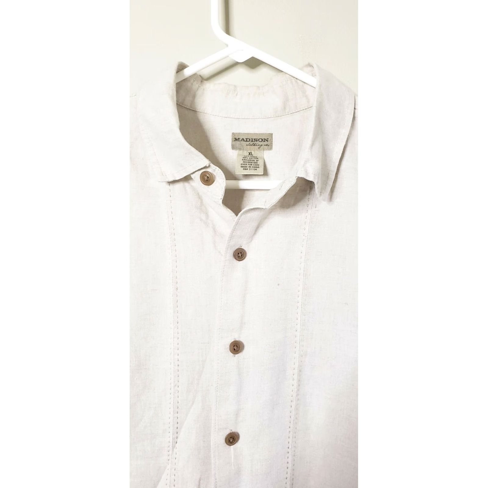Madison Madison Clothing Co. Shirt XL Beige Linen-Cotton Short Sleeve Button Down Mens Regular Collar Size US XL / EU 56 / 4 - 6 Thumbnail