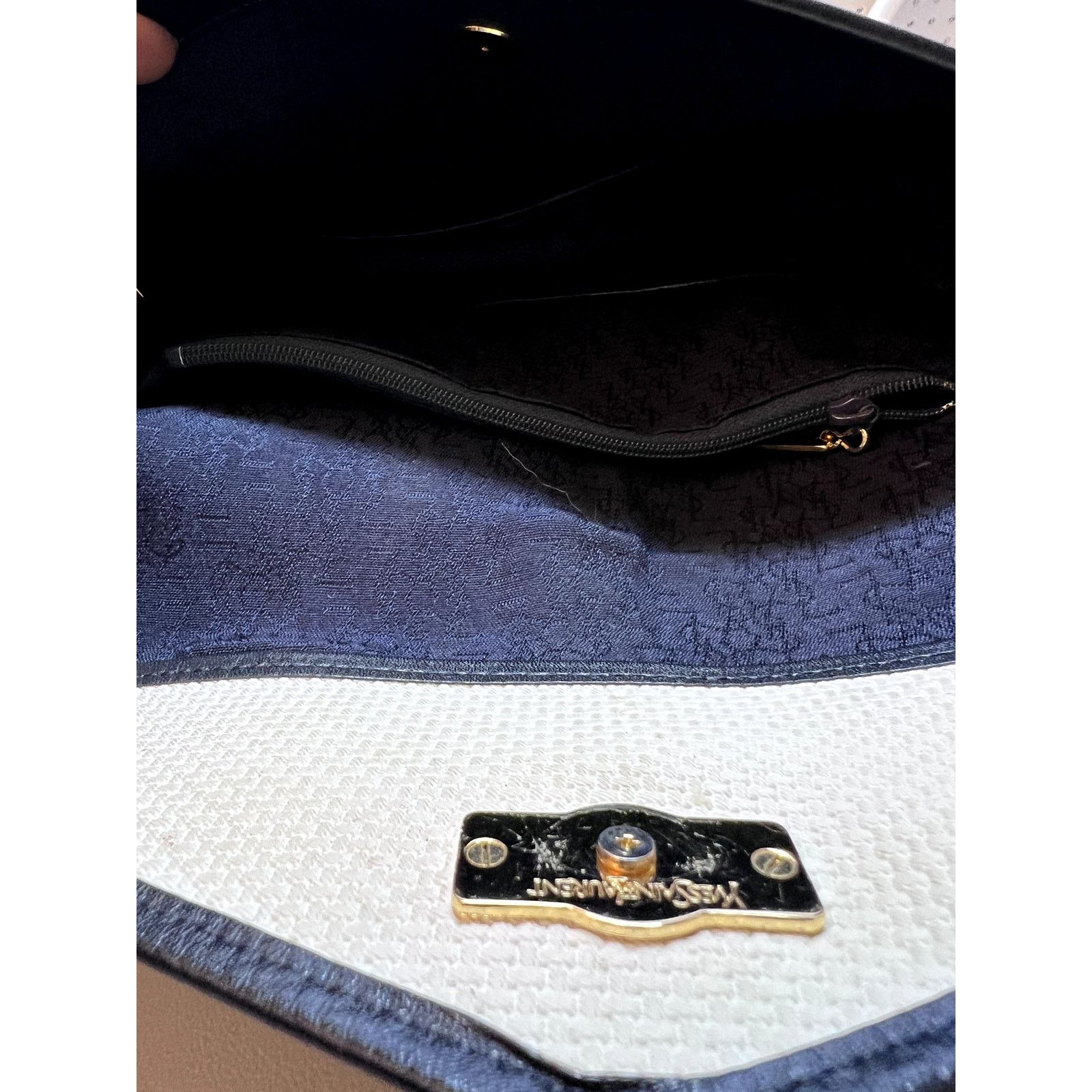 Yves Saint Laurent VINTAGE Late Y2K YSL Ivory Navy Blue Canvas Woven Crossbody Size ONE SIZE - 7 Thumbnail