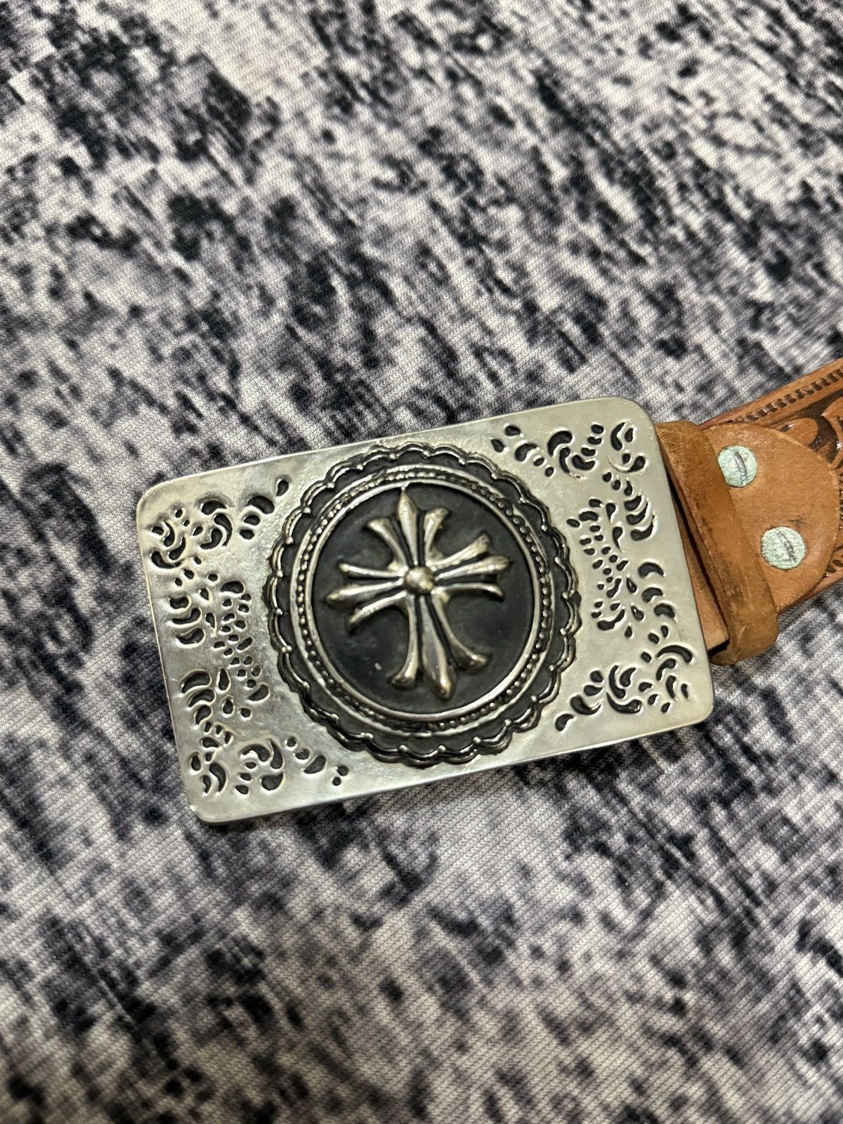 Vintage Vintage Leather Belt Inspired By Chrome Hearts Silver Cross Size 44 - 4 Thumbnail