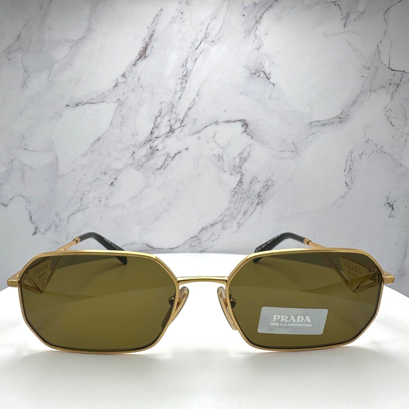 New Prada Sunglasses Gold Metal Black Plaque Triangle Logo