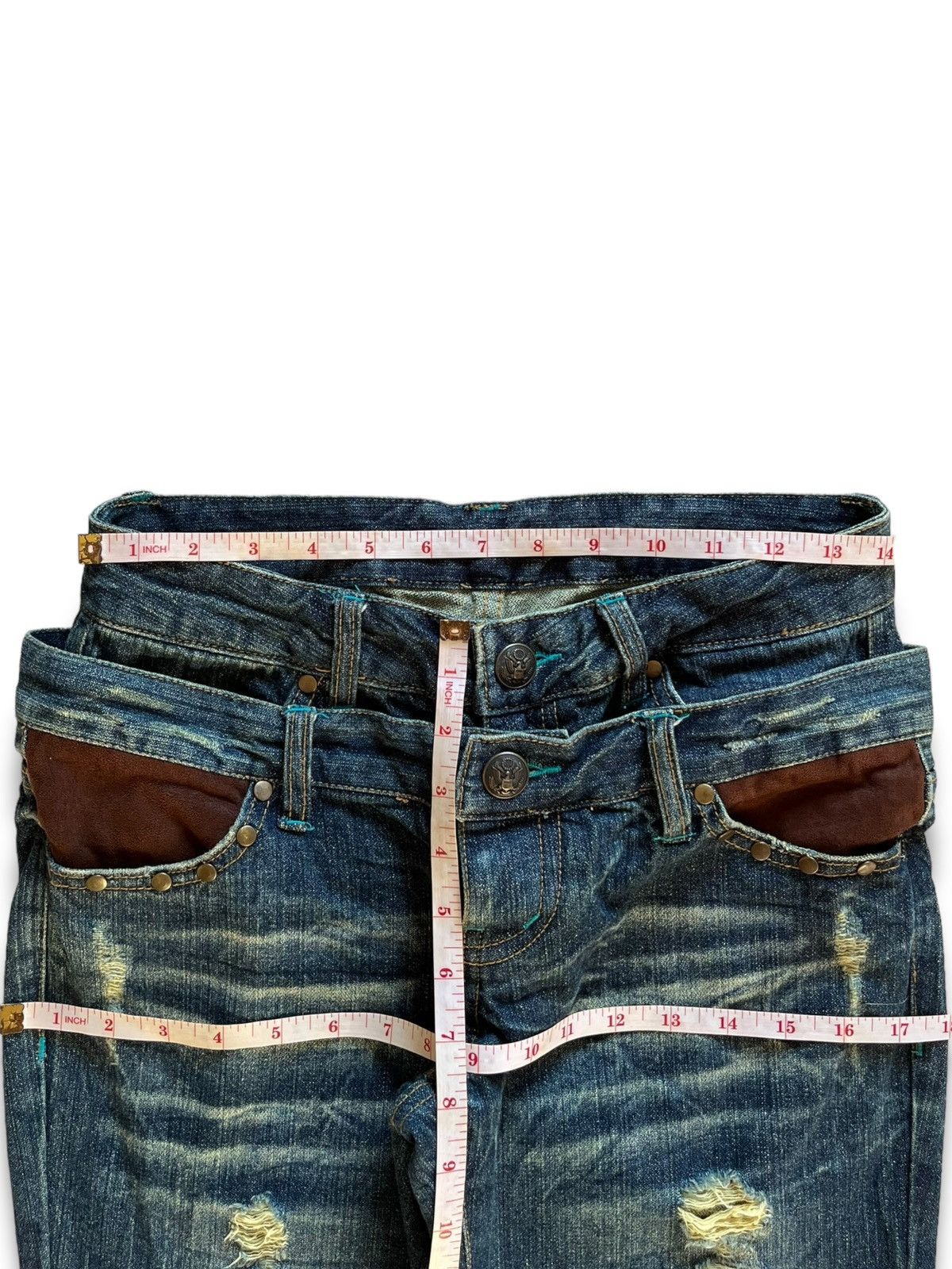 Hysteric Glamour Vintage Japanese Brand Ripped Studs Double Waist Flare Jeans Size 28" / US 6 / IT 42 - 12 Thumbnail