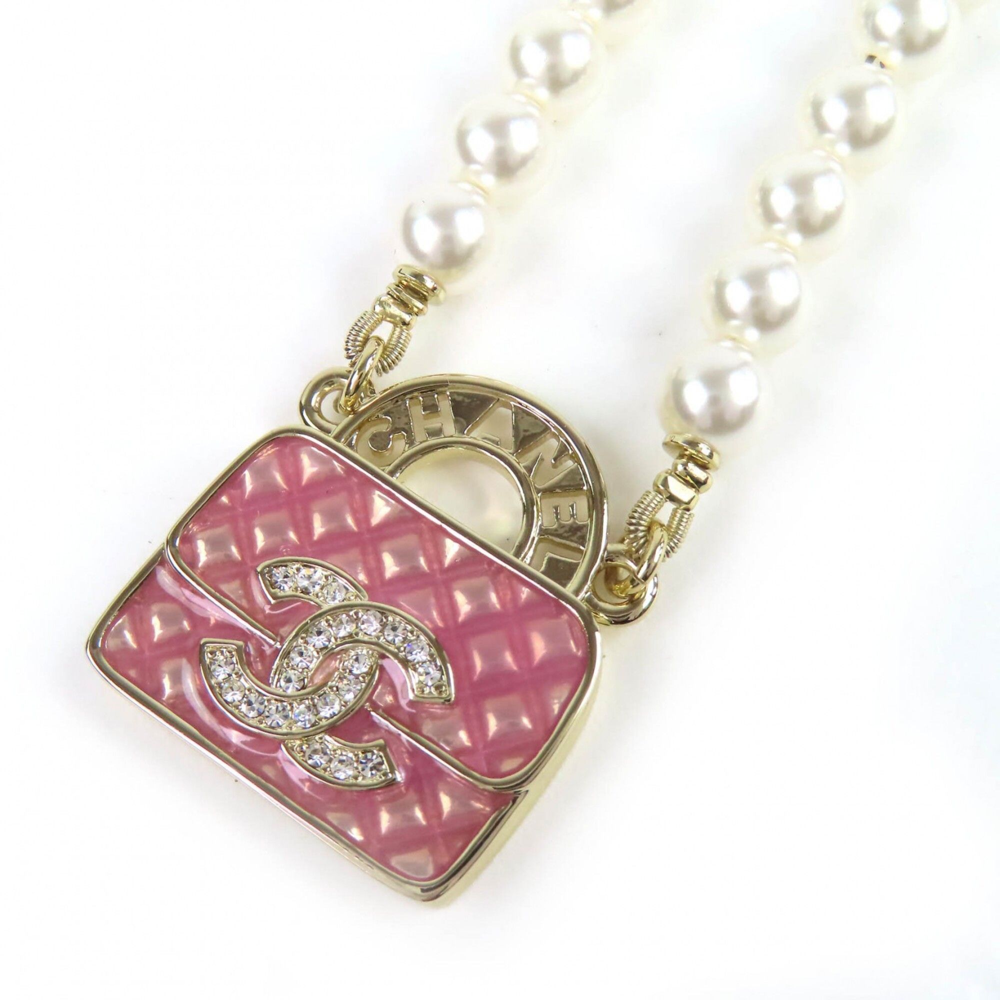 Chanel CHANEL (Chanel) 2024 Model B24S ABD331 B16656 Coco Mark Rhinestone Matelassé Bag Motif Faux Pearl Logo Necklace Champagne Gold Pink Comes with Box Made in Italy Women's Size ONE SIZE - 1 Thumbnail