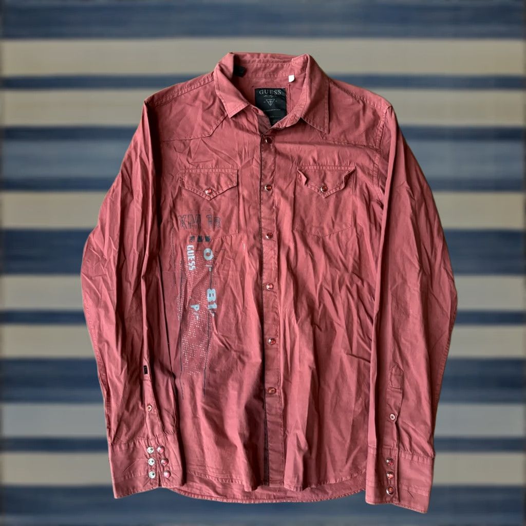 Guess VINTAGE Y2K Guess Jeans Pearl Snap Button Collared Shirt Large Red Men Regular 100% Cotton Button-Up Shirt Size US L / EU 52-54 / 3 - 1 Thumbnail