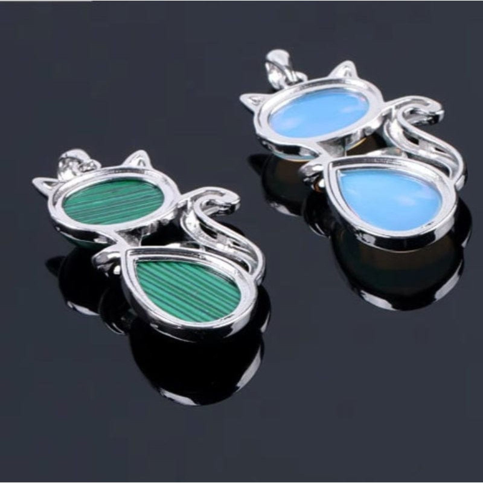 Other Malachite Synthetic Stone Cat Pendant - Platinum Plated 50mm Size ONE SIZE - 3 Thumbnail