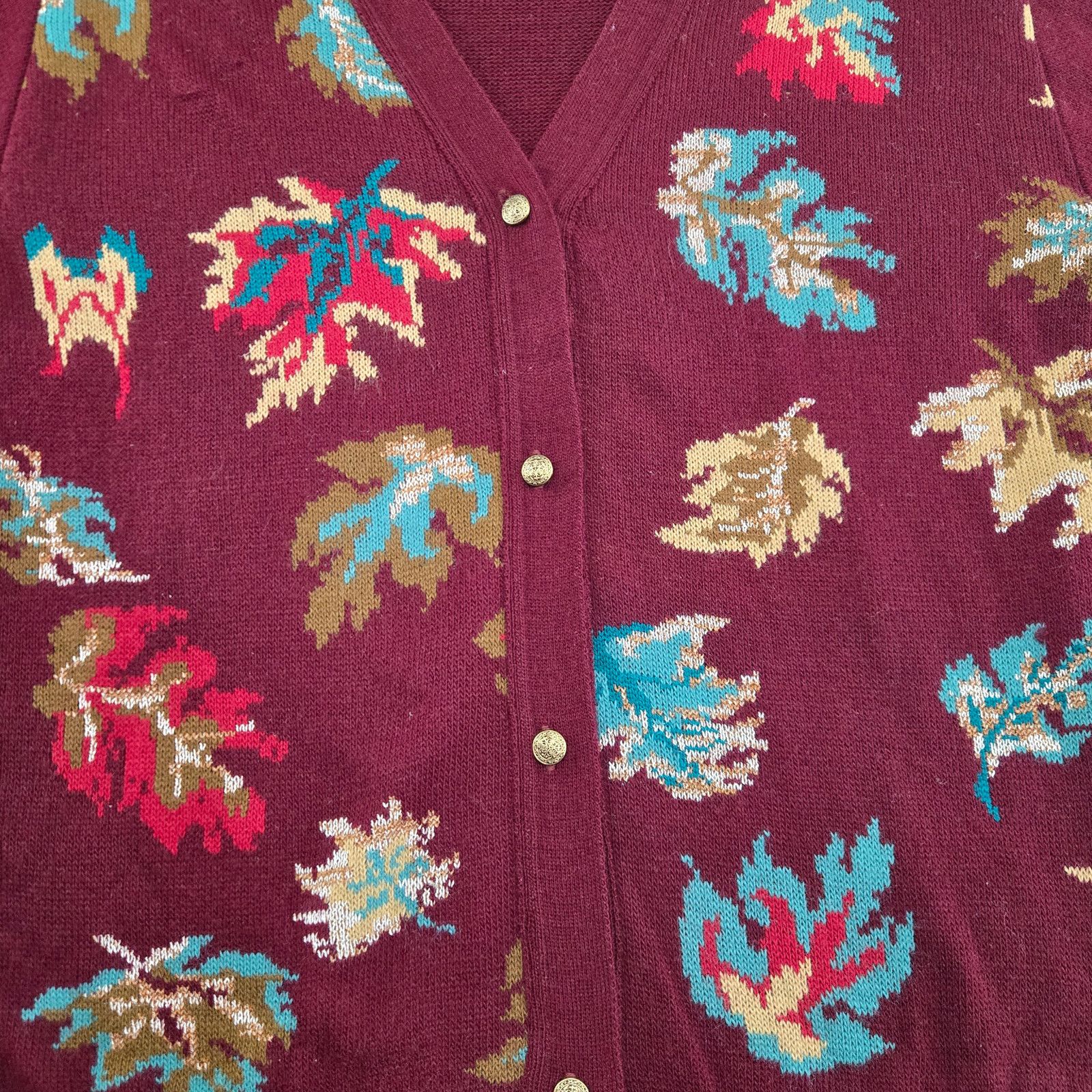 Vintage 90s Burgundy Leaf Print Cardigan USA Made Size Medium Size M / US 6-8 / IT 42-44 - 8 Thumbnail