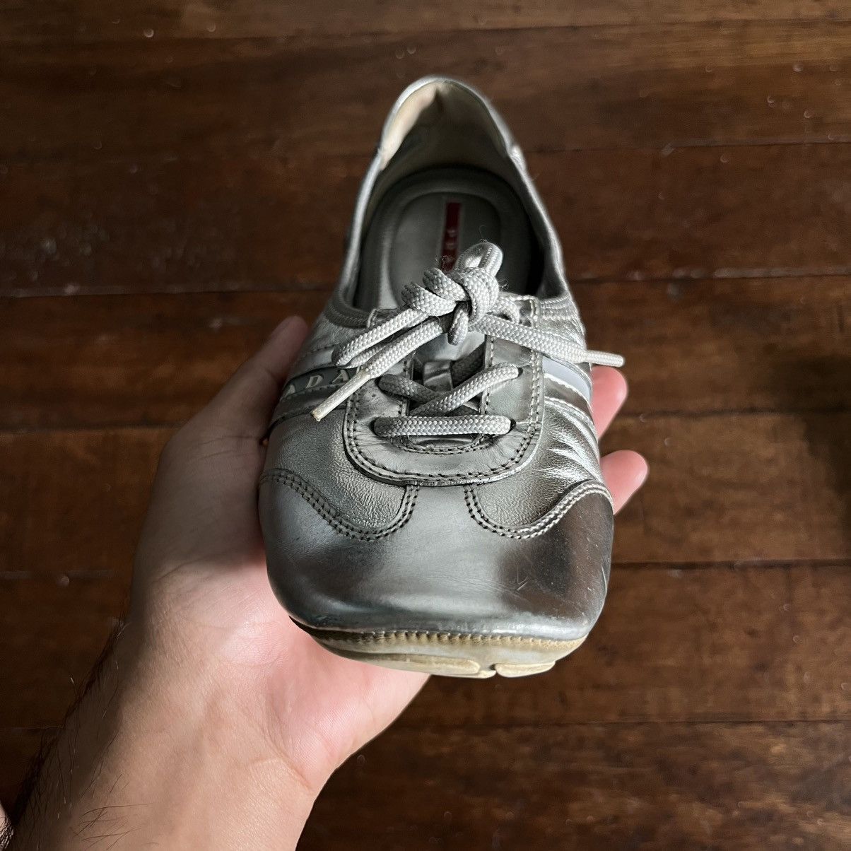 Prada Prada Sport Silver Leather Scrunch Lace Up Ballet Flats Size US 5 / IT 35 - 3 Thumbnail