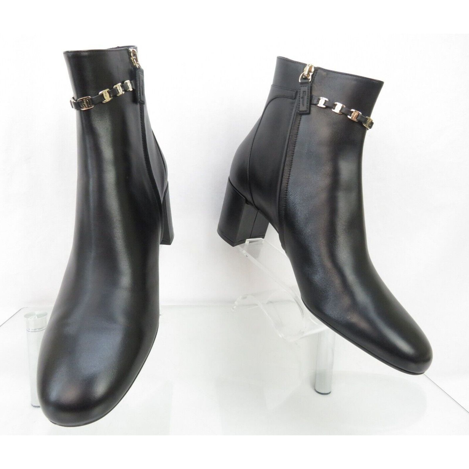 Salvatore Ferragamo GHILA BLACK LEATHER GANCINI CHAIN ZIP HEEL ANKLE BOOTS 11 C Size US 11 / IT 41 - 10 Thumbnail