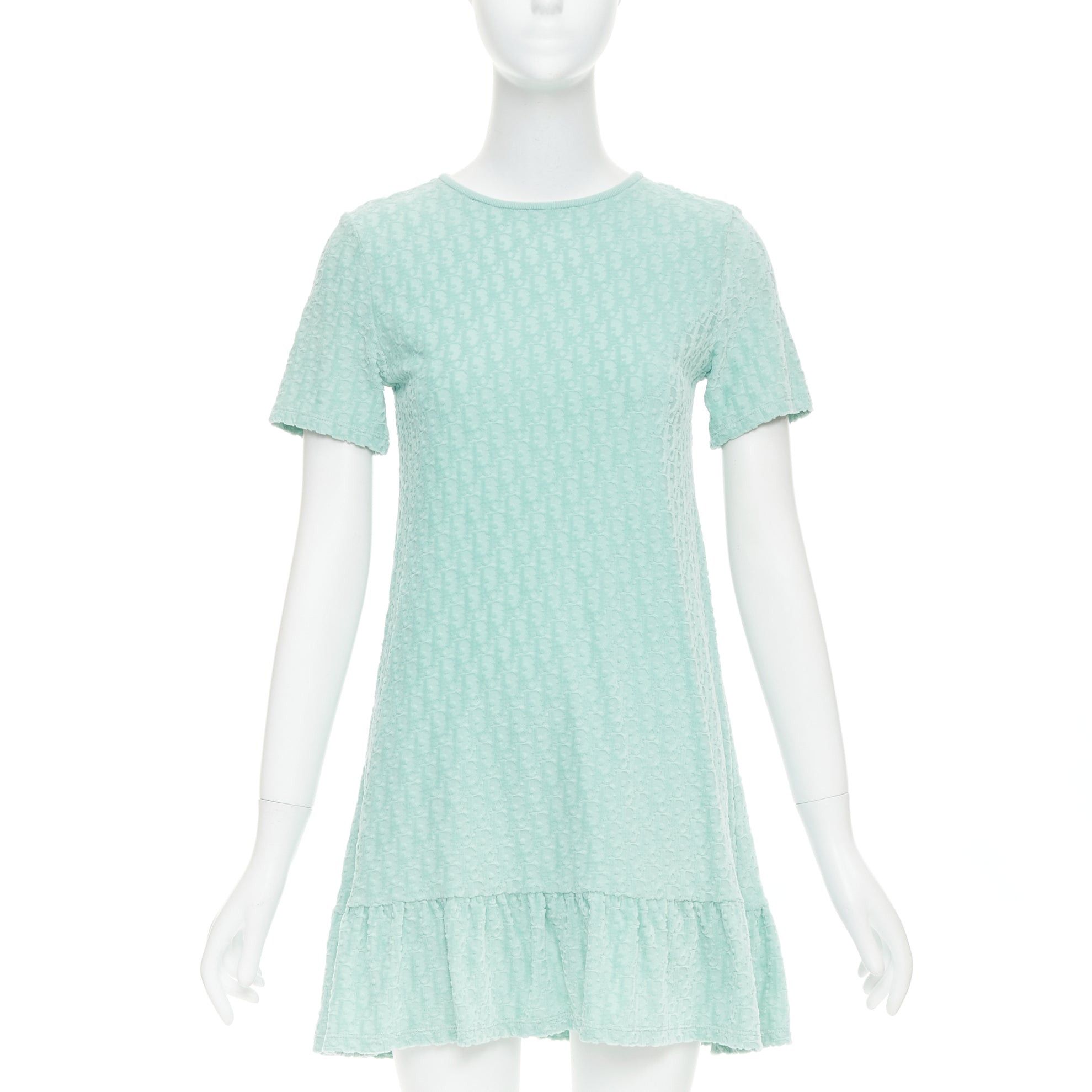 Dior CHRISTIAN DIOR KIDS turquoise cotton velour monogram frill mini dress Yr12 Size XS / US 0-2 / IT 36-38 - 1 Thumbnail
