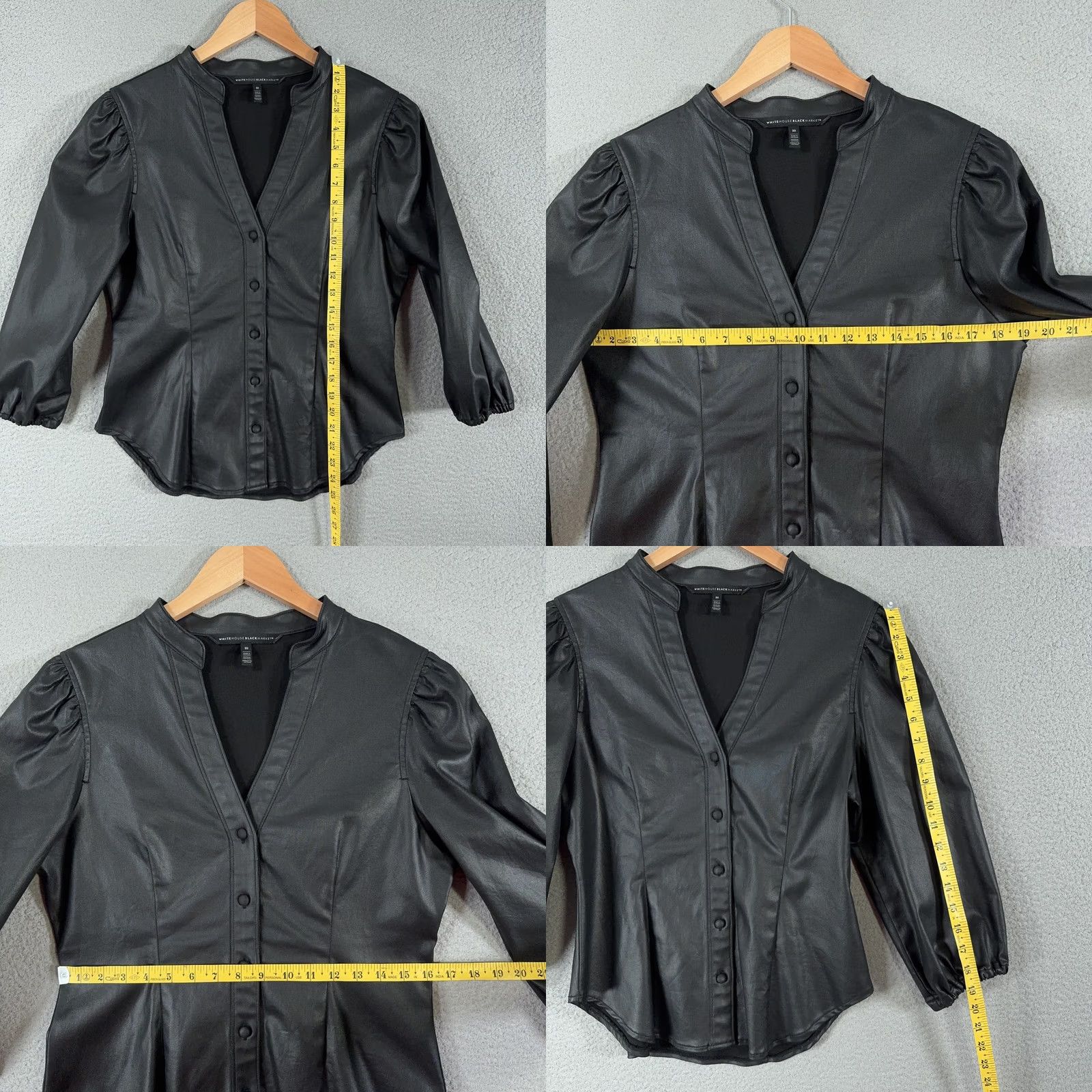 White House Black Market VINTAGE? No. White House Black Market Blouse Womens 10 Black Puff Sleeve V-Neck Button Front Knit Faux Leather Look Shirt Size L / US 10 / IT 46 - 8 Thumbnail