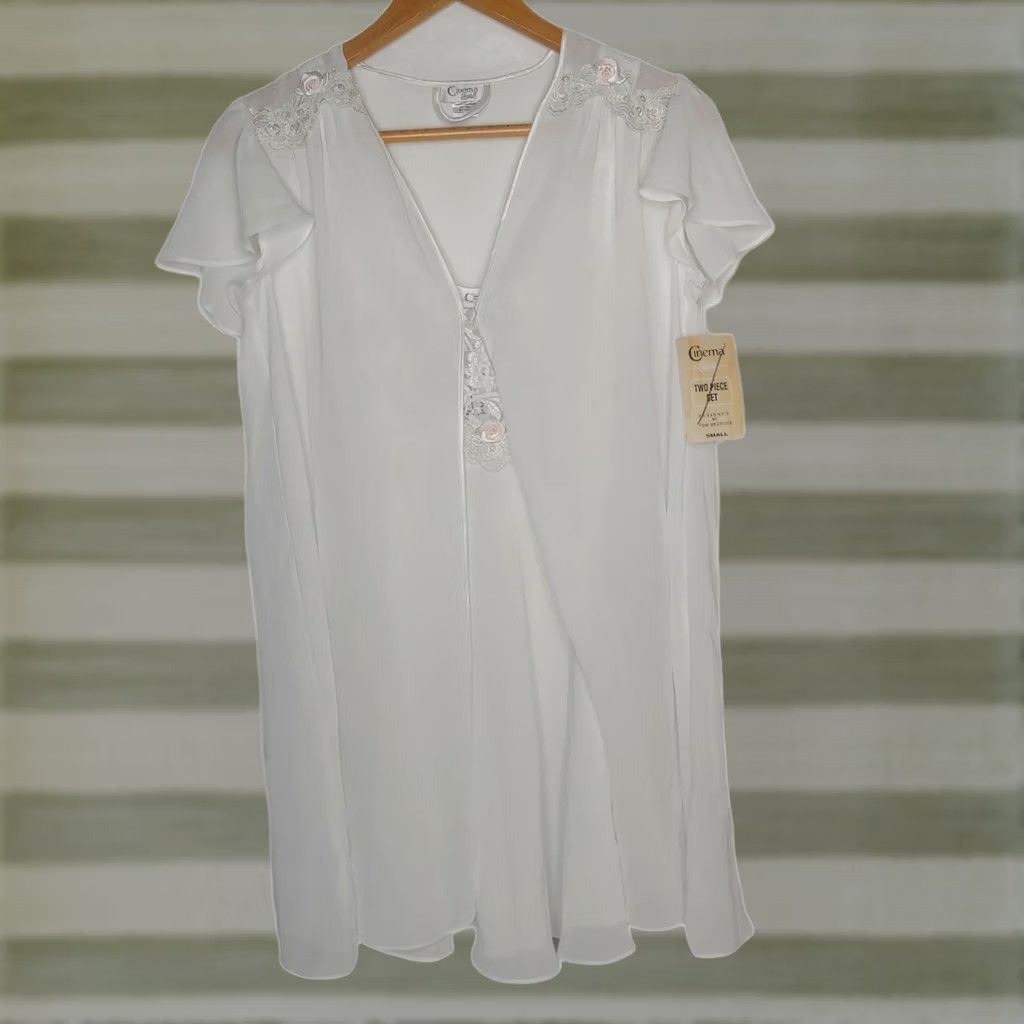 Vintage Cinema Etoile Womens Small Chemise Nightgown Stretch Lace Top Gown White Sleeveless Sexy 34" Chest 35" Long Spring Summer Size ONE SIZE - 1 Thumbnail