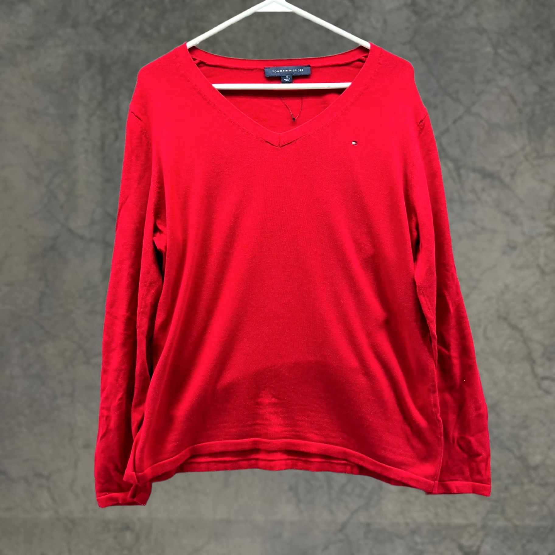 Tommy Hilfiger Tommy Hilfiger Sweatshirt Womens Large Red V-Neck Cotton Knit Pullover Logo Size L / US 10 / IT 46 - 1 Thumbnail