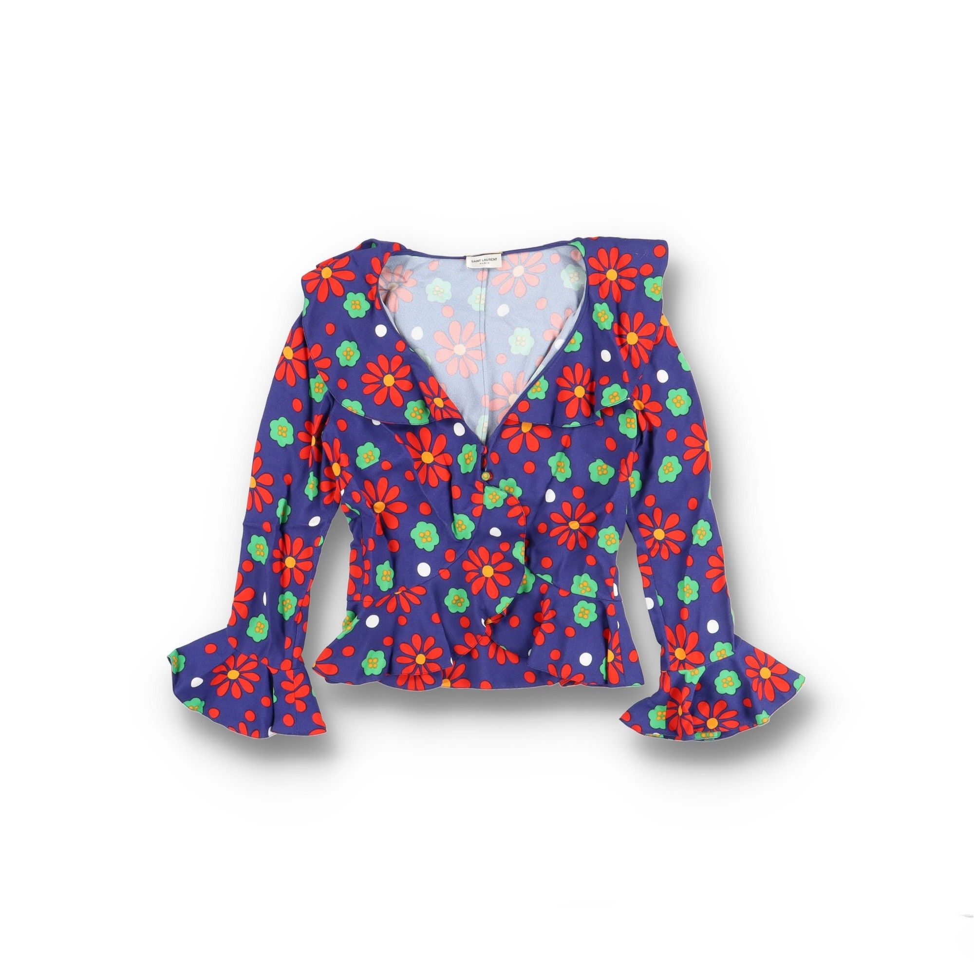 Saint Laurent Paris Blue Floral Ruffled Viscose Blouse Size S / US 4 / IT 40 - 2 Thumbnail