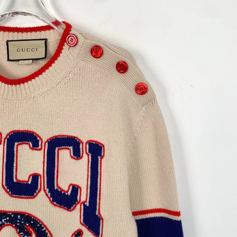 Gucci GucciBeige brown logo embroidered sequin wool round neck lo Size US S / EU 44-46 / 1 - 3 Thumbnail