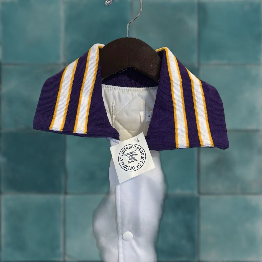 Vintage VINTAGE Elder High School Satin Jacket Mens L Deadstock NWT White Purple Gold Trim 80s Bomber USA Size US L / EU 52-54 / 3 - 1 Thumbnail