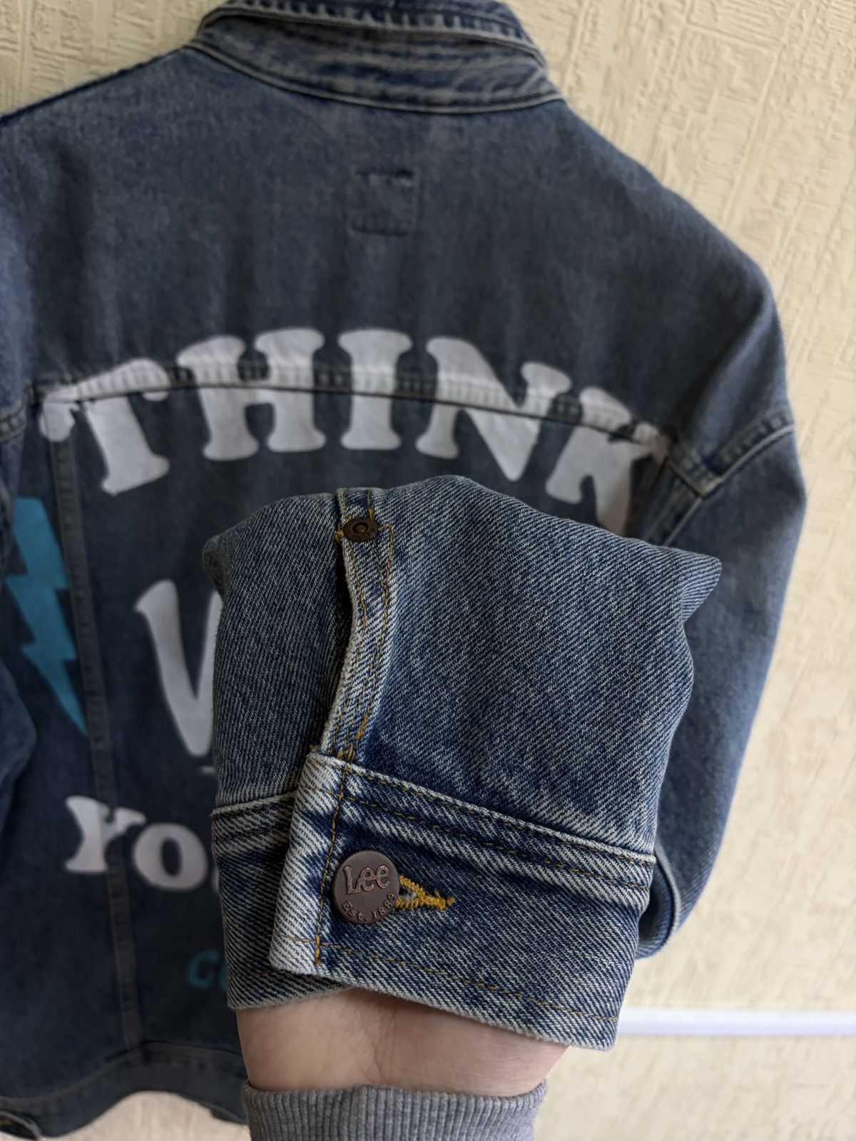 Lee Lee Denim Jacket XL Blue Graphic Print Think What You Will Size US XL / EU 56 / 4 - 18 Thumbnail