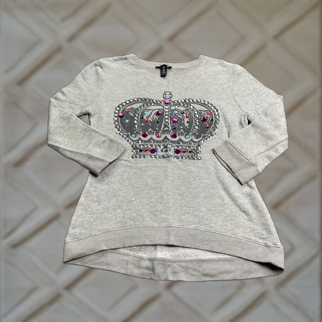 AQUA Aqua Sweatshirt Womens Small Gray Graphic Crown Rhinestone by Bloomingdale's Pullover Casual All Seasons Long Sleeve Chest Size 37 in Regular Fit Size S / US 4 / IT 40 - 1 Thumbnail