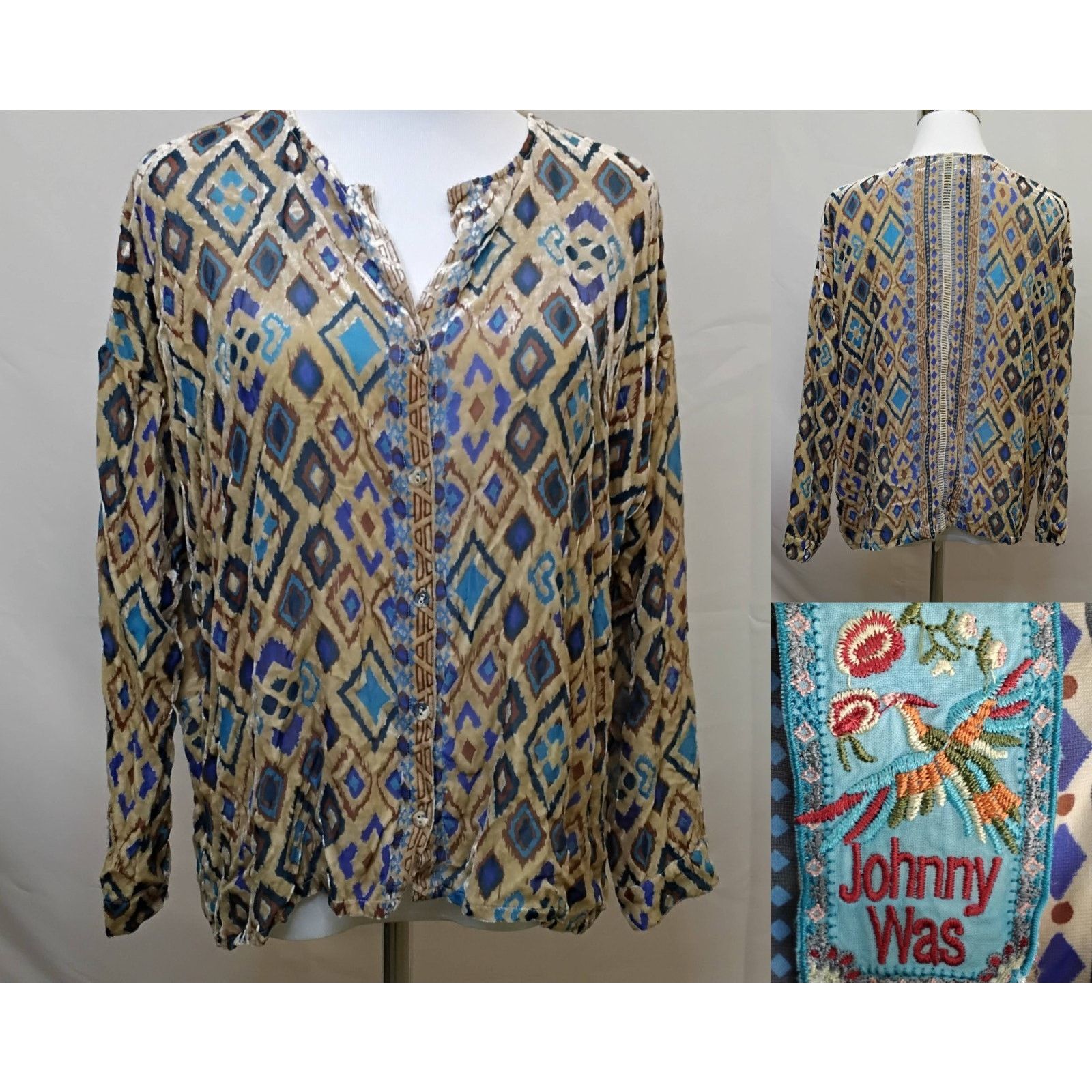 Johnny Was Johnny Was Velvet and Mesh Blouse Top Women's S Tan Blue Size S / US 4 / IT 40 - 1 Thumbnail
