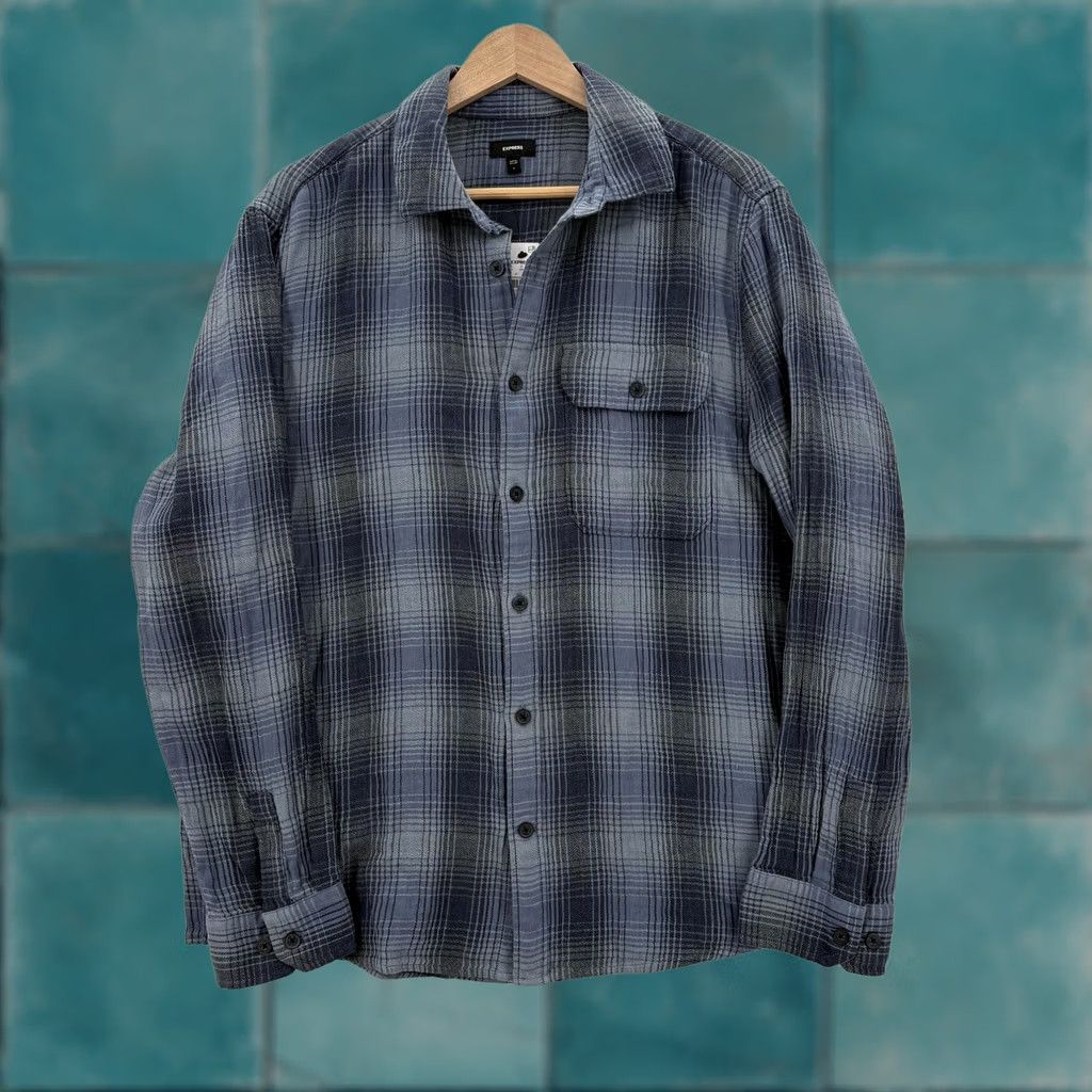 Express Express Shirt Mens Large Blue Plaid Long Sleeve Button Up Casual Cotton Preppy Size US L / EU 52-54 / 3 - 1 Thumbnail