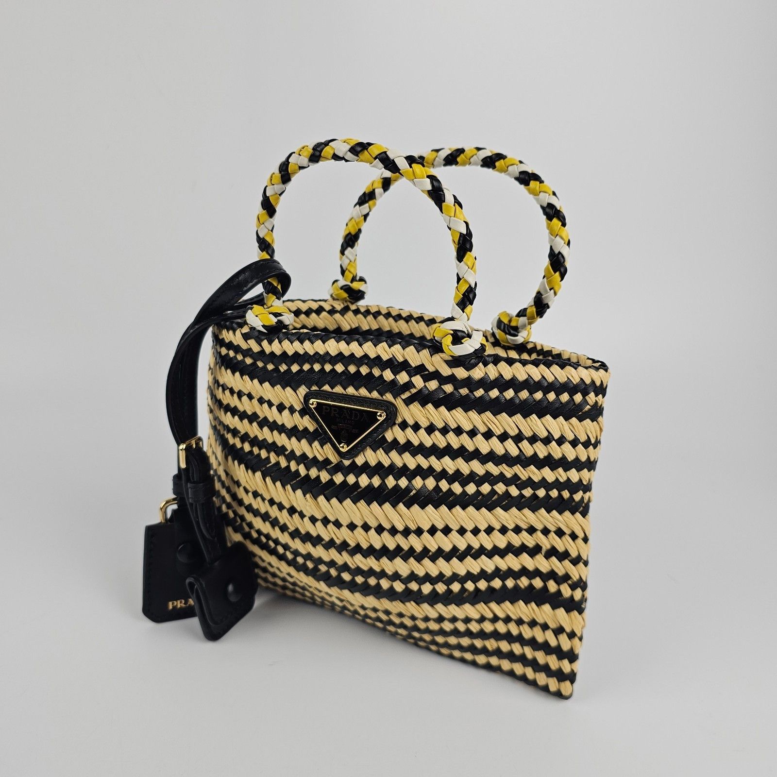Prada PRADA Two-Tone Striped Black Yellow Raffia Shopper Shoulder Size ONE SIZE - 8 Thumbnail