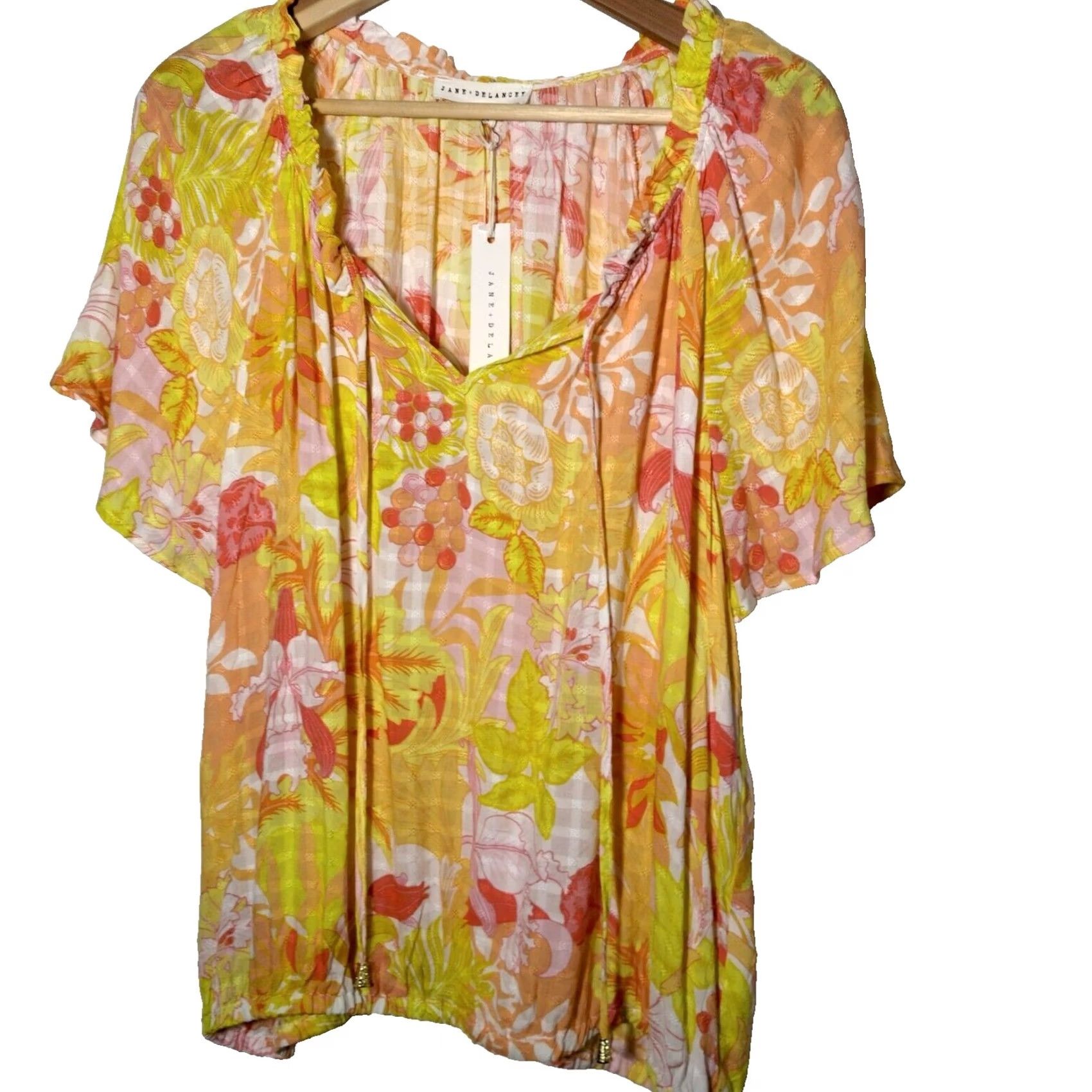 Vintage Jane + Delancey Blouse XL Short Sleeve Peasant Floral Yellow Orange V-Neck Boho Beachy Casual Womens Size XL / US 12-14 / IT 48-50 - 2 Thumbnail