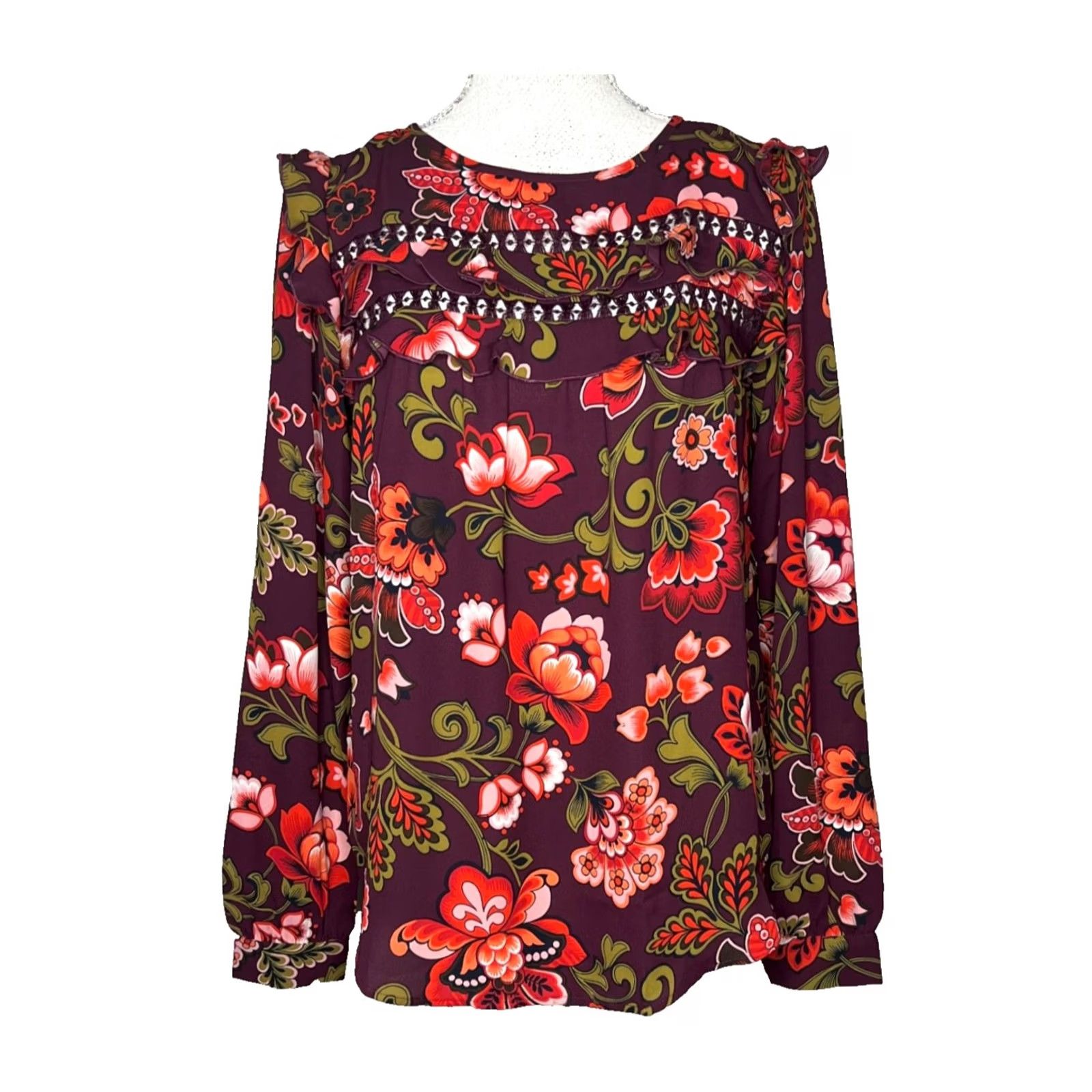 Loft LOFT Floral Crochet Long Sleeve Ruffle Top Womens XS Burgundy Red Olive Green Boho OfficeBlouse Size XS / US 0-2 / IT 36-38 - 2 Thumbnail