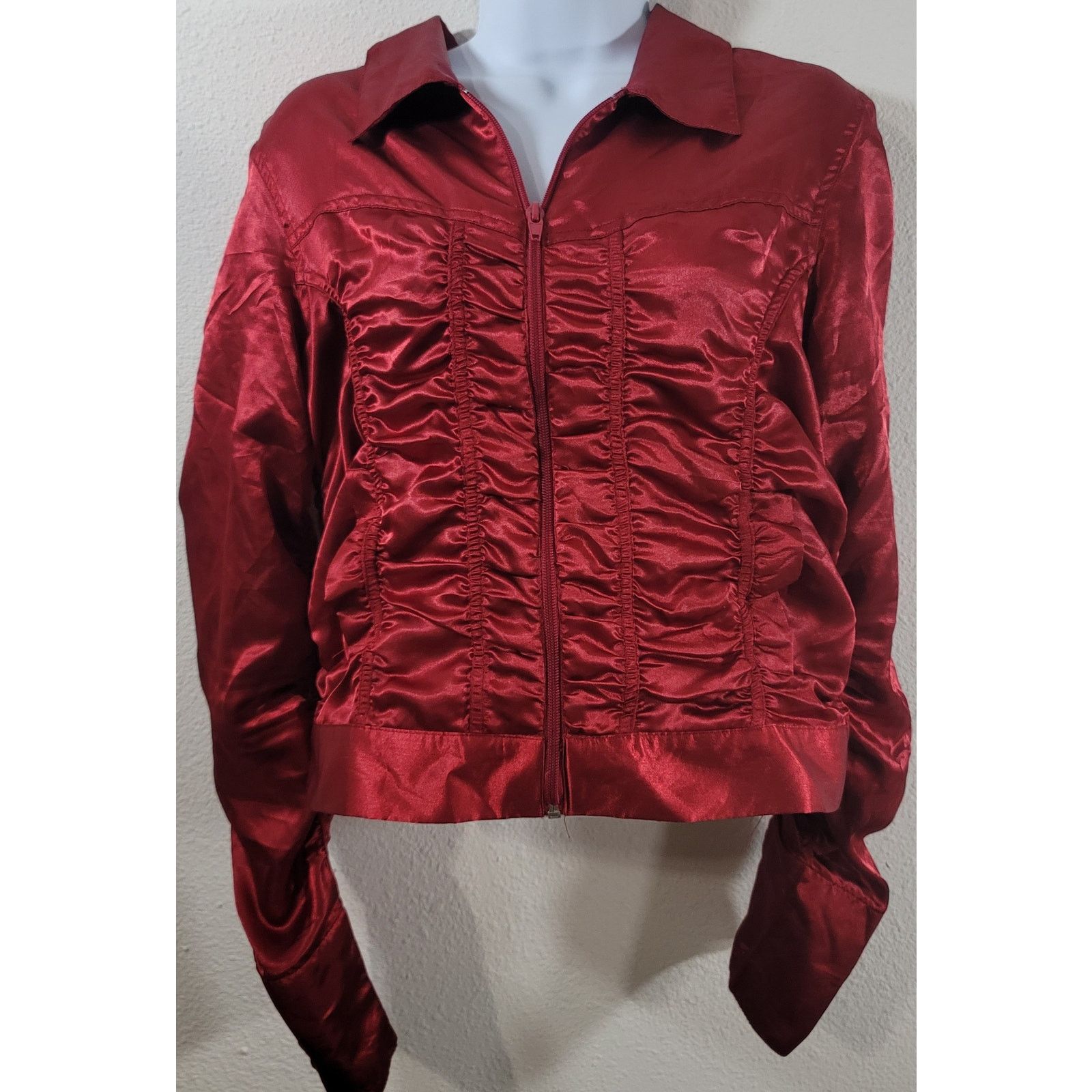 Other Overdrive Red Satin Ruched Full Zip Collard Jacket Large Size L / US 10 / IT 46 - 1 Thumbnail
