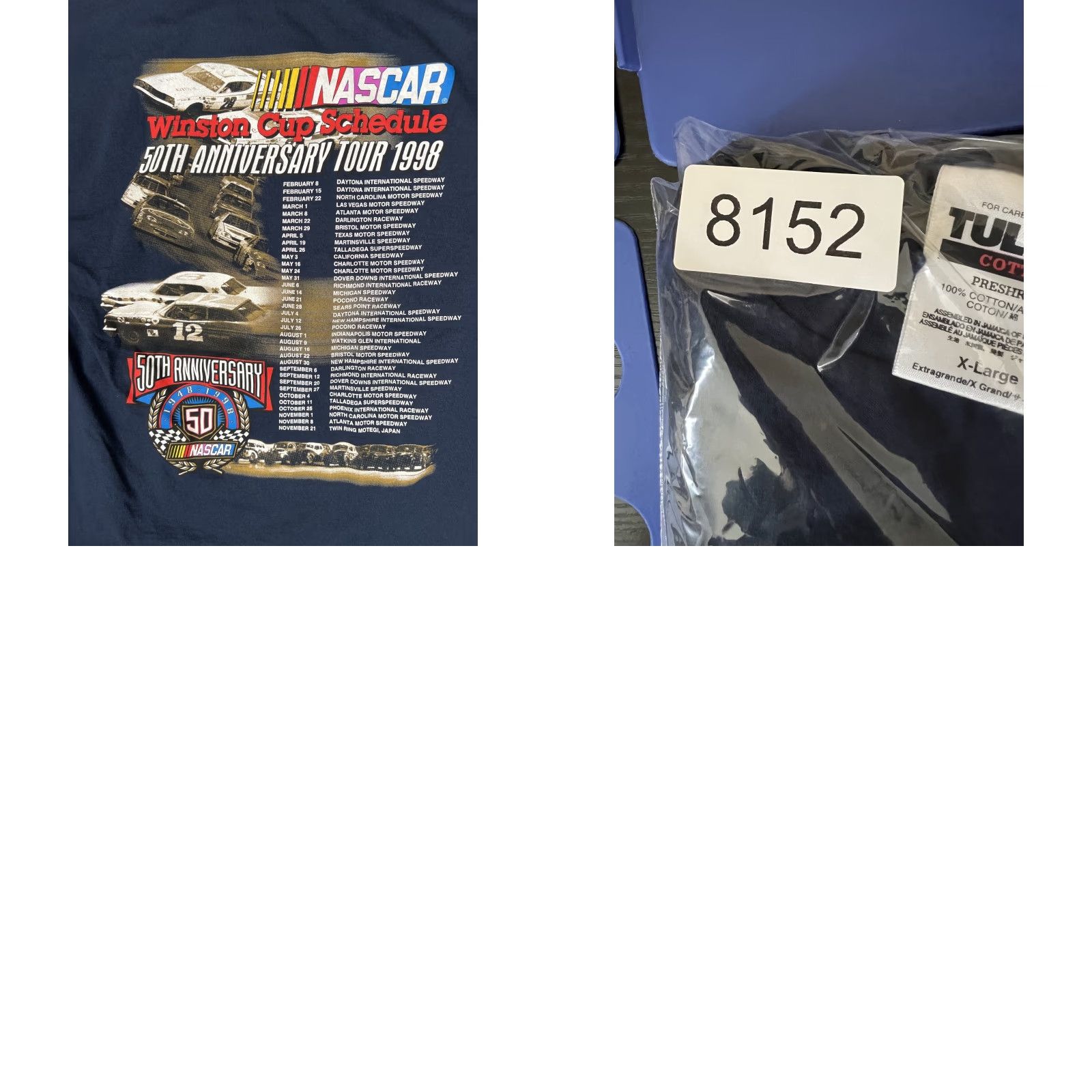 Tultex VINTAGE NASCAR 50th Anniversary Tour 1998 T-Shirt XL Blue Short Sleeve Crew Neck Double-Sided Mens 90s Car Graphic Print Tultex Shirt Size US XL / EU 56 / 4 - 8 Thumbnail