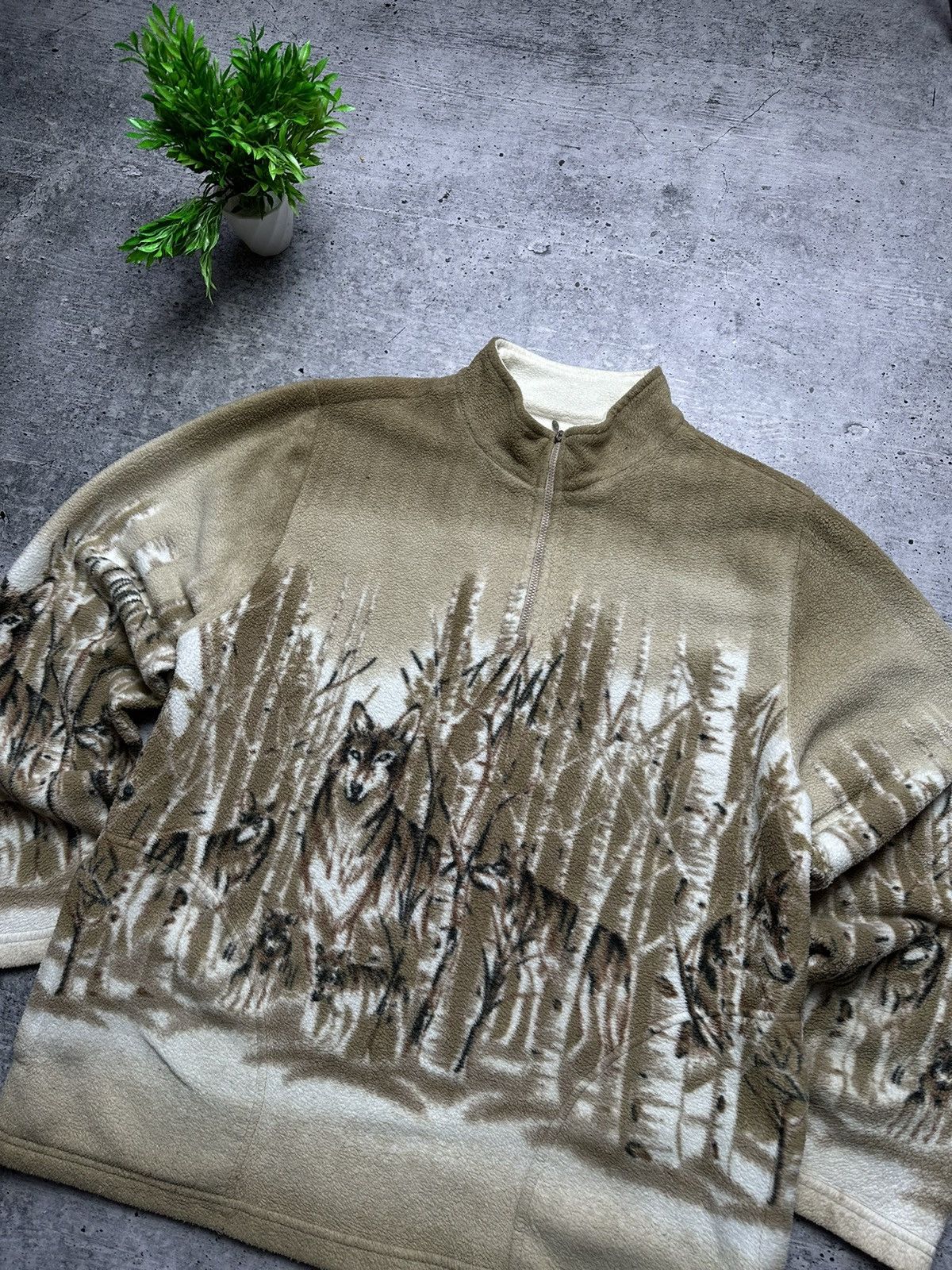Japanese Brand × Vintage VINTAGE 90s PRINTED FLEECE WOLF DASK ANIMAL SHERPA JACKET Size US M / EU 48-50 / 2 - 3 Thumbnail