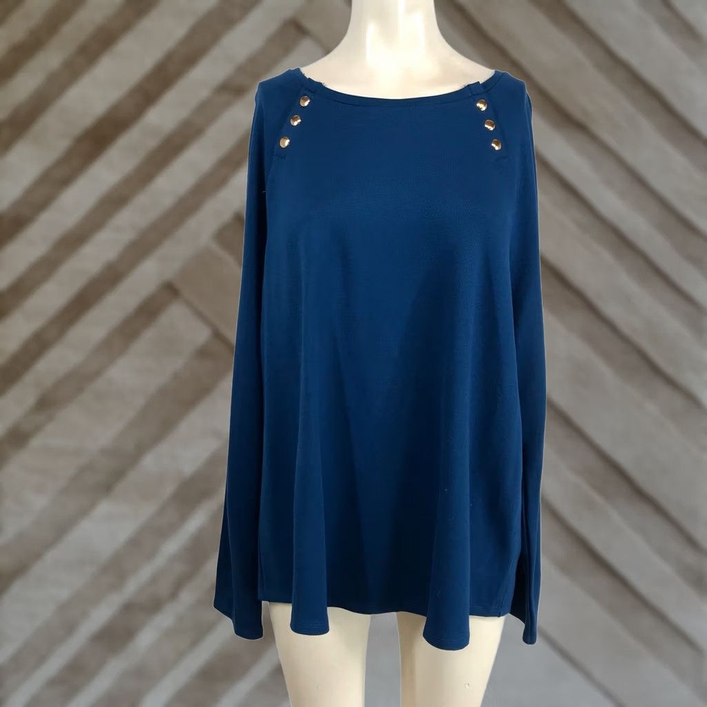 Vintage Chico's Teal Blue Button Shoulder Long Sleeve Knit Top Boat Neck Size 3 XL Size XXL / US 16-18 / IT 52-54 - 1 Thumbnail