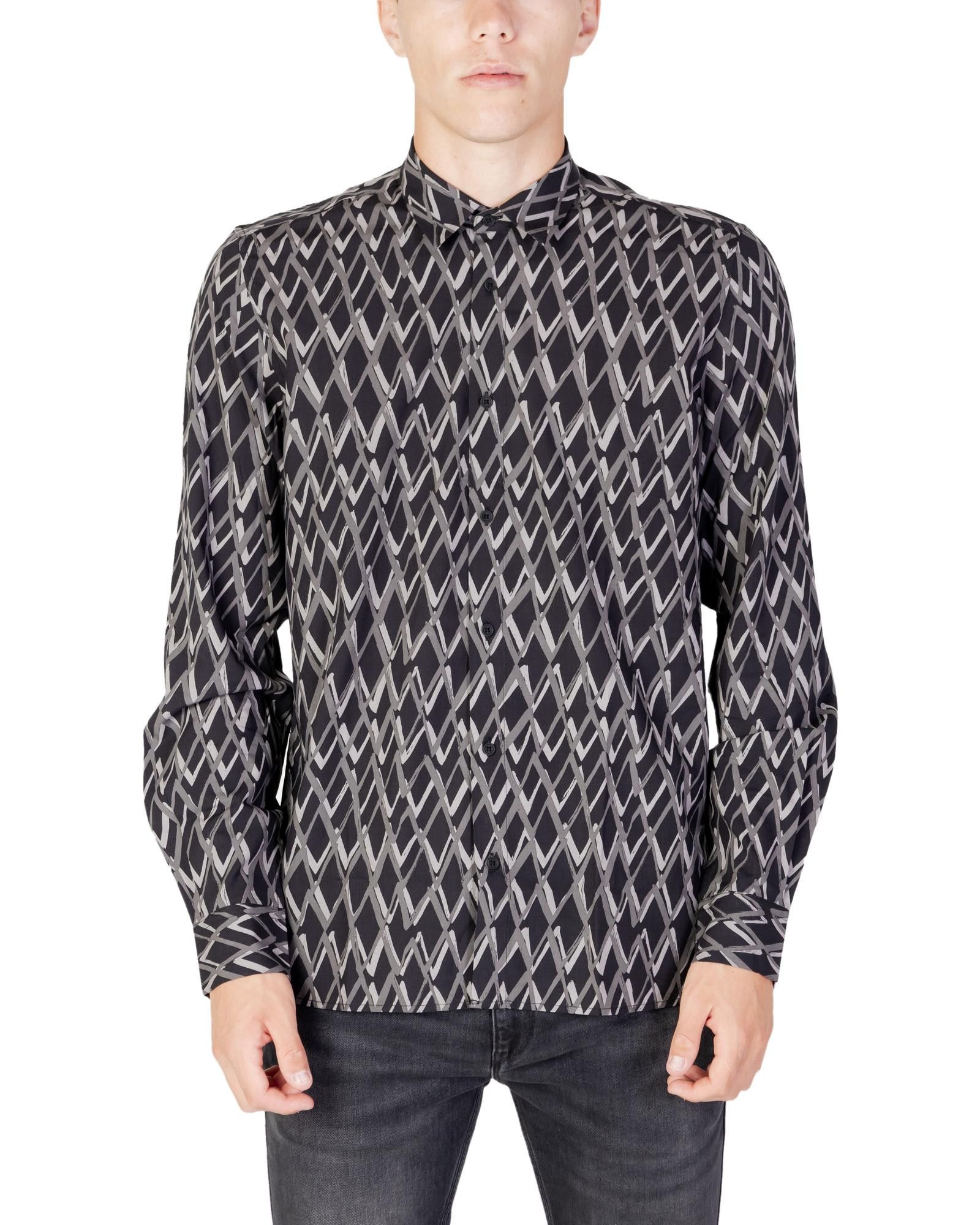 image of Antony Morato Geometric Long Sleeve Shirt With Button Fastening in Black, Men's (Size XS)