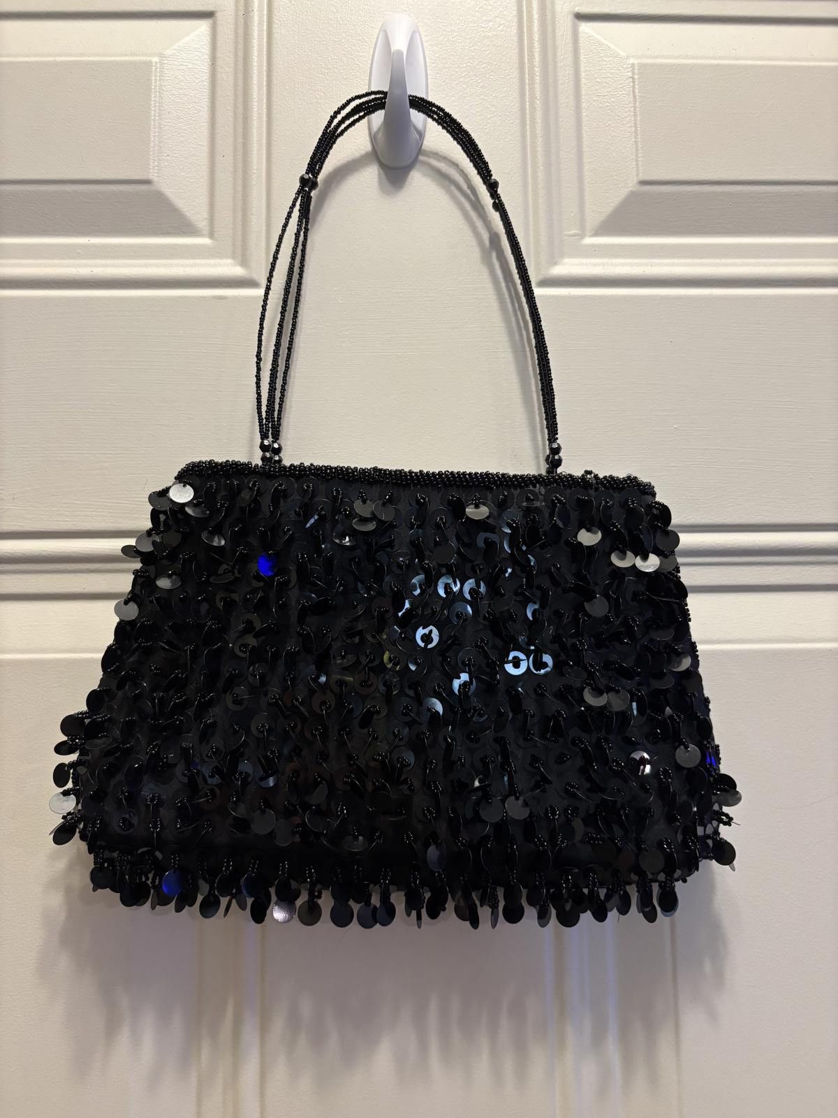 Designer Sequin Purse With Beaded Handles in Black, Women's