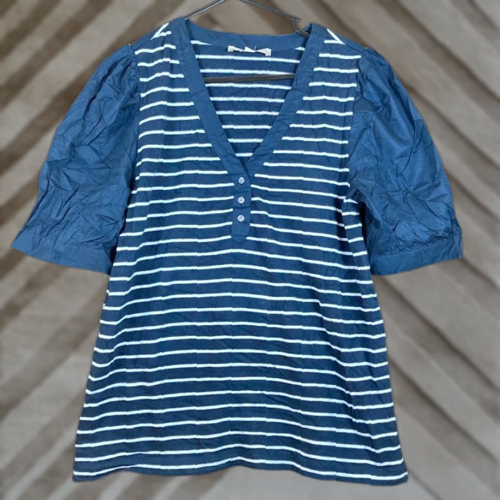 Loft Loft Shirt Womens Navy White Striped V Neck Puff Short Sleeve Modal Blend Large Size L / US 10 / IT 46 - 1 Thumbnail