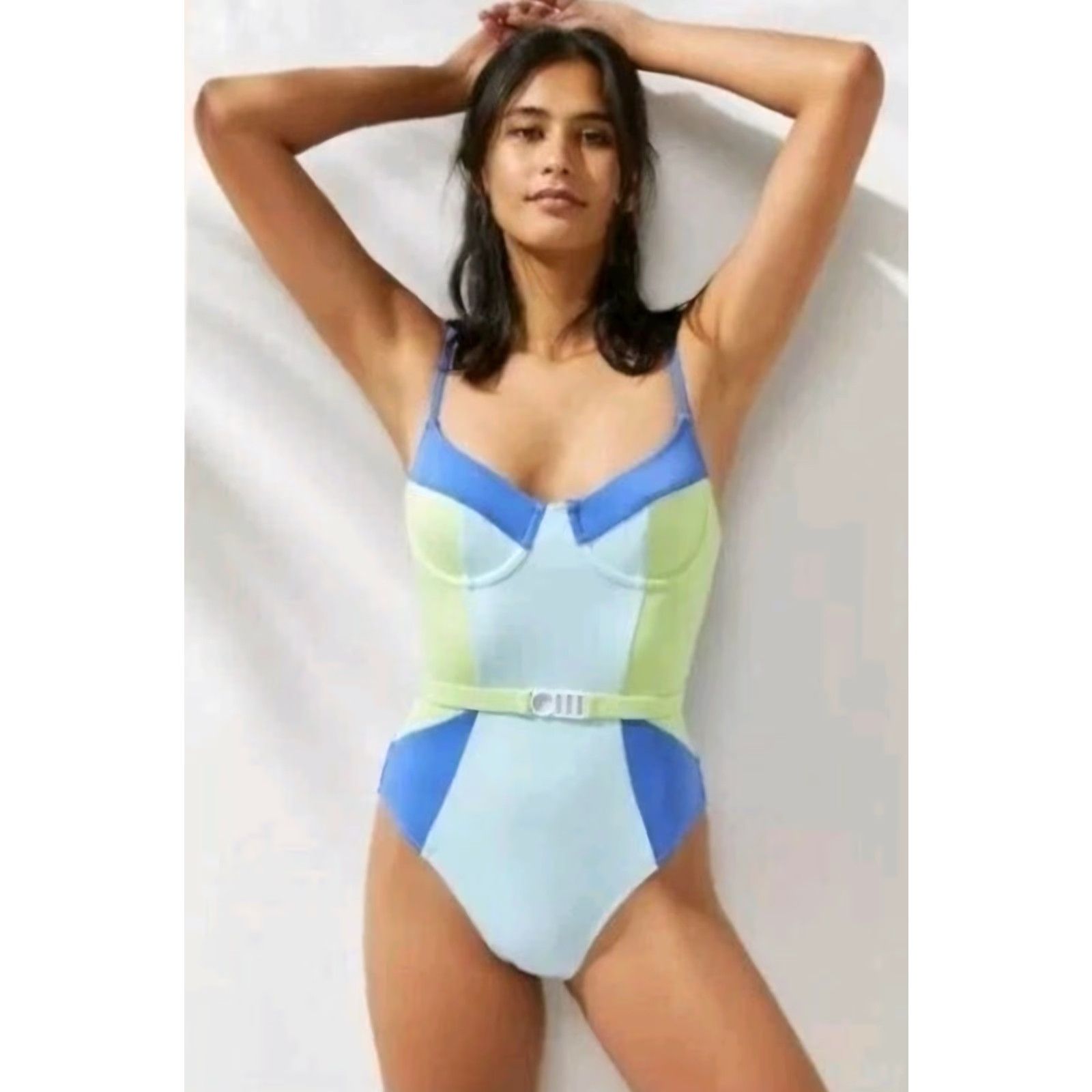 Solid & Striped Solid & Striped Spencer One Piece Swimsuit Belted Spaghetti Blue Green XS Womens Size ONE SIZE - 2 Thumbnail